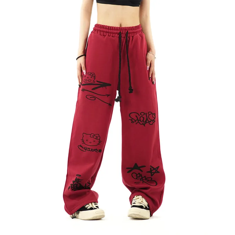 Sweet Girl Style Graffiti Hello Kitty Printed Straight Pants