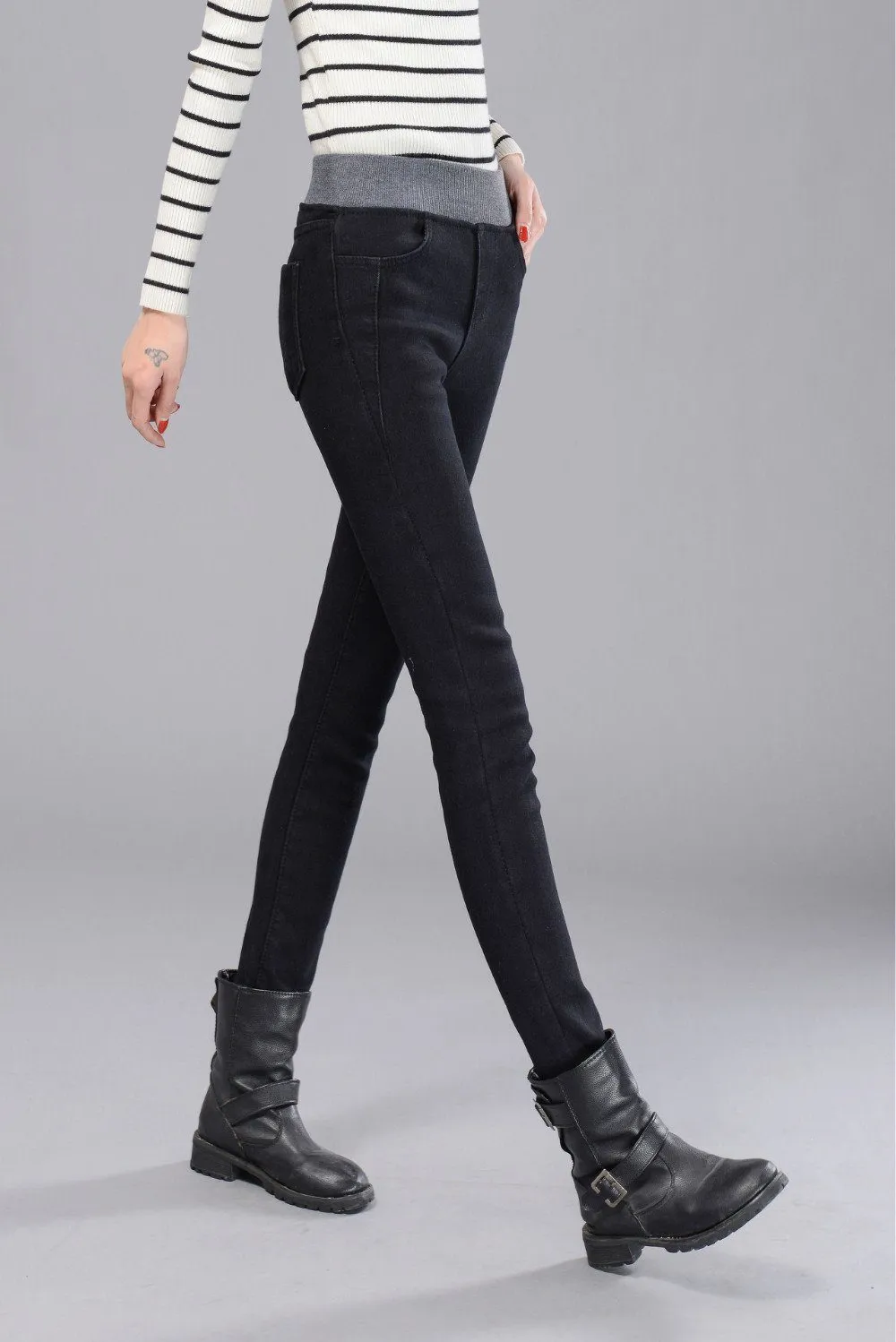 Thick Elastic Waist Jeans