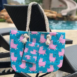 Tote Bag with Zipper Pouch - Aqua Llama Print