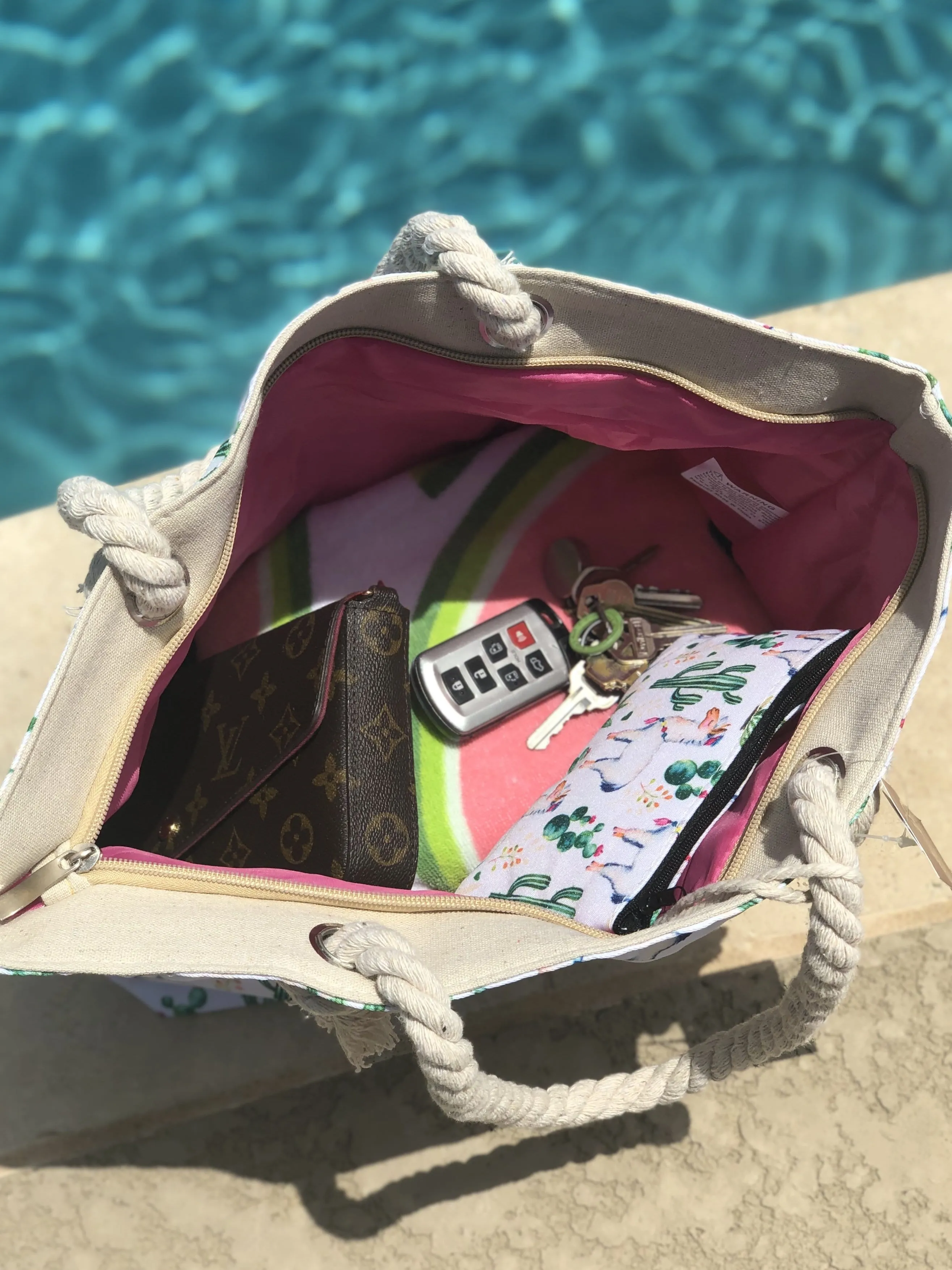 Tote Bag with Zipper Pouch - Aqua Llama Print