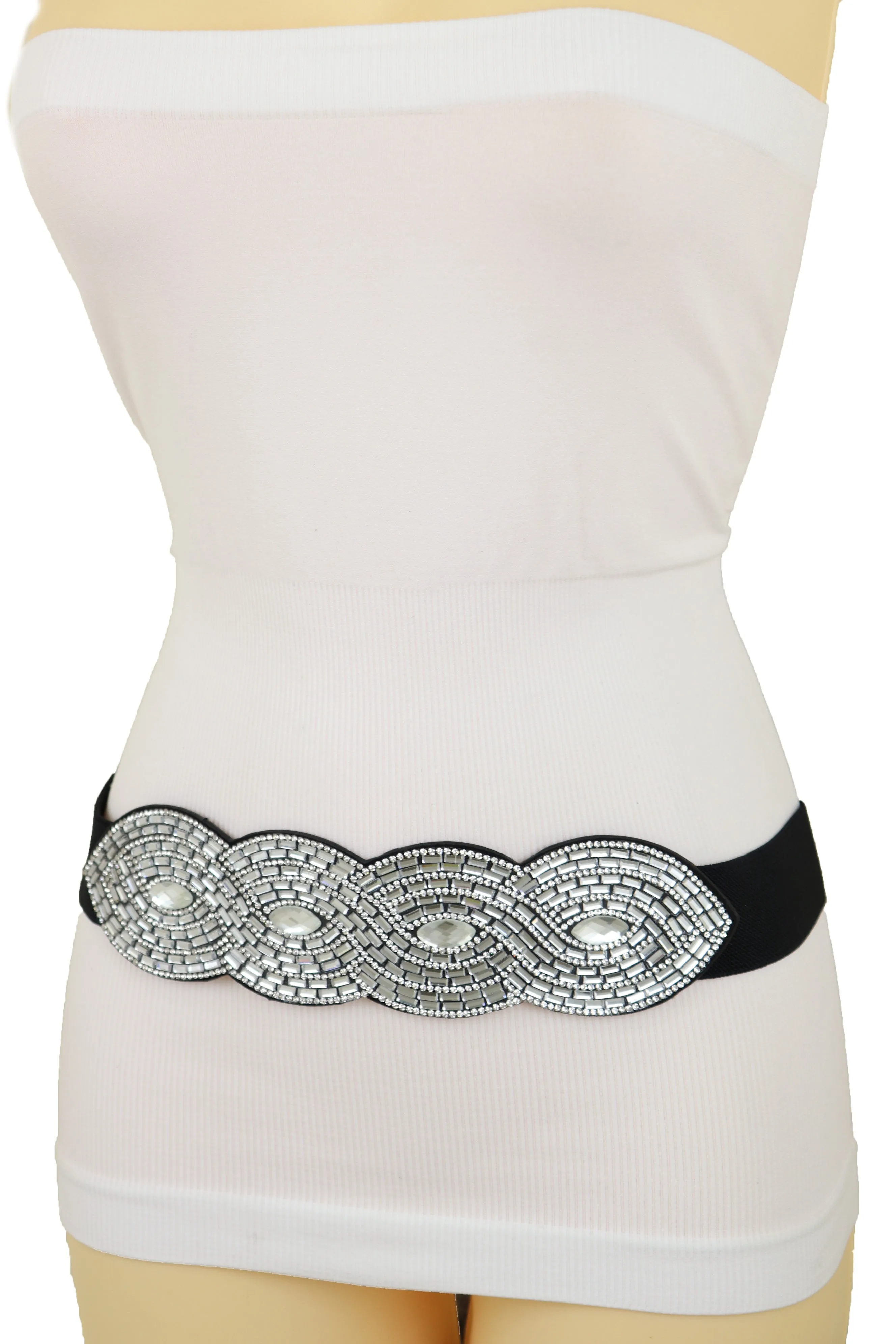 Trendy Black Elastic Belt High Waist Hip Bling Oval Waves Buckle Size S M