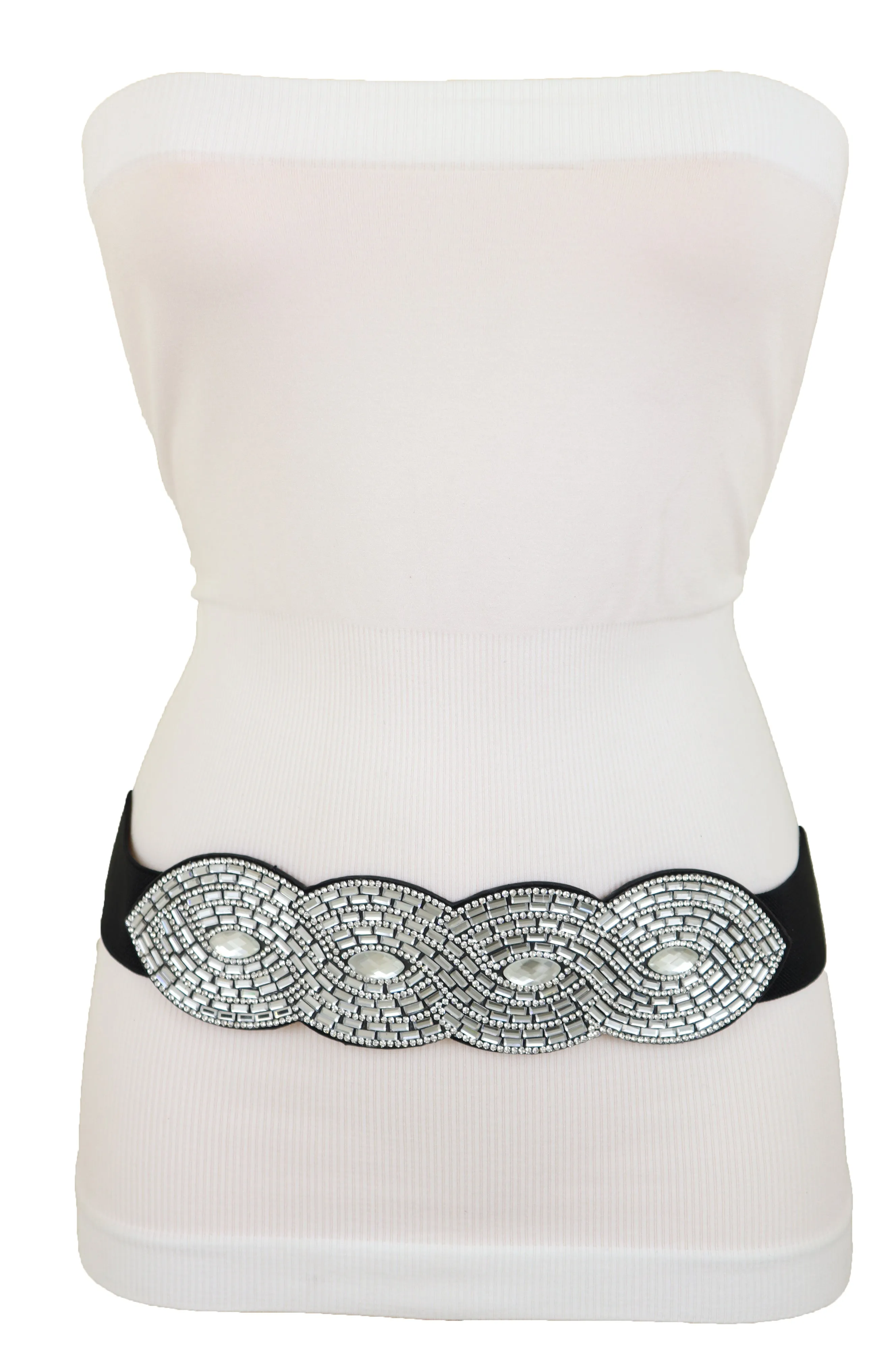 Trendy Black Elastic Belt High Waist Hip Bling Oval Waves Buckle Size S M