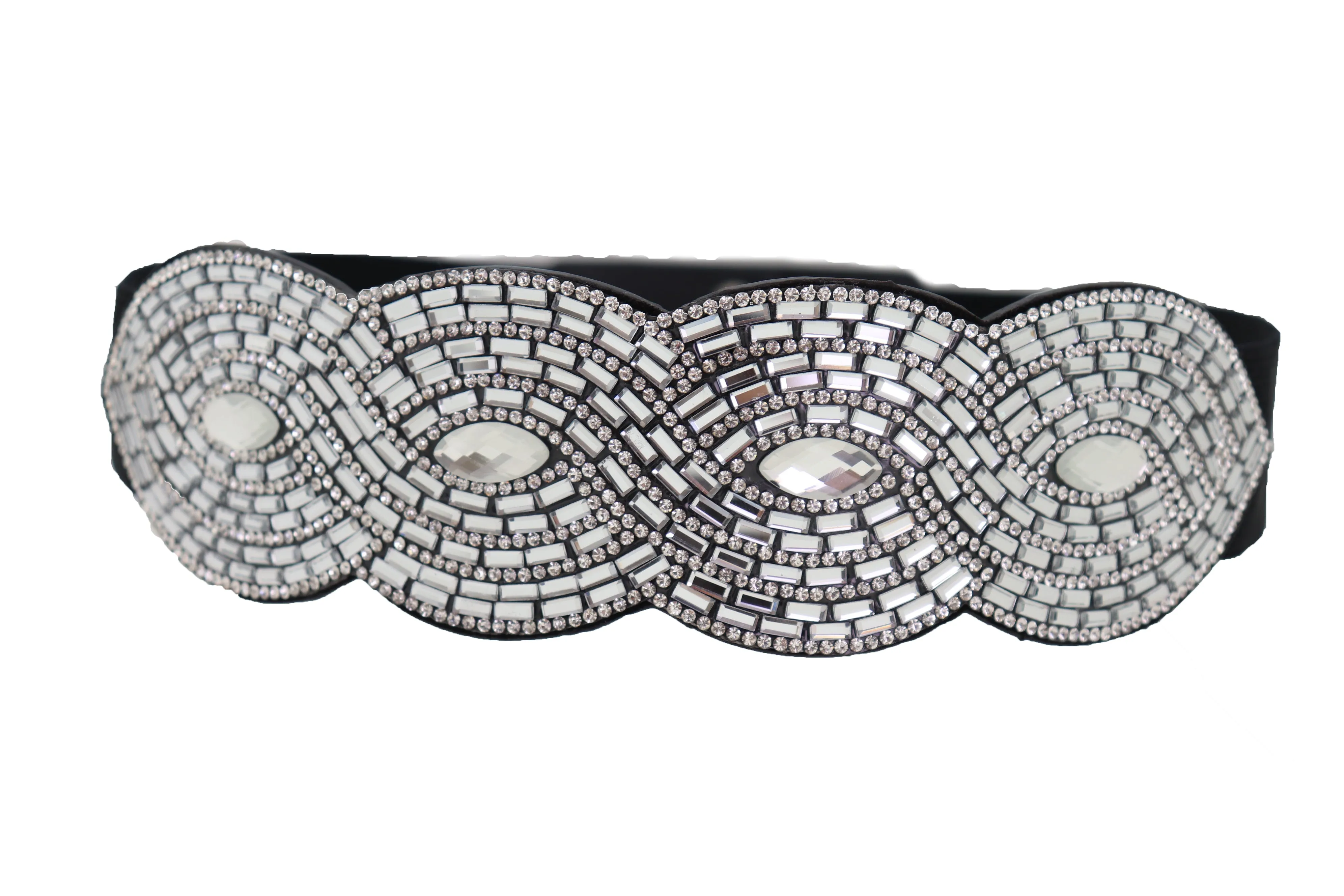 Trendy Black Elastic Belt High Waist Hip Bling Oval Waves Buckle Size S M