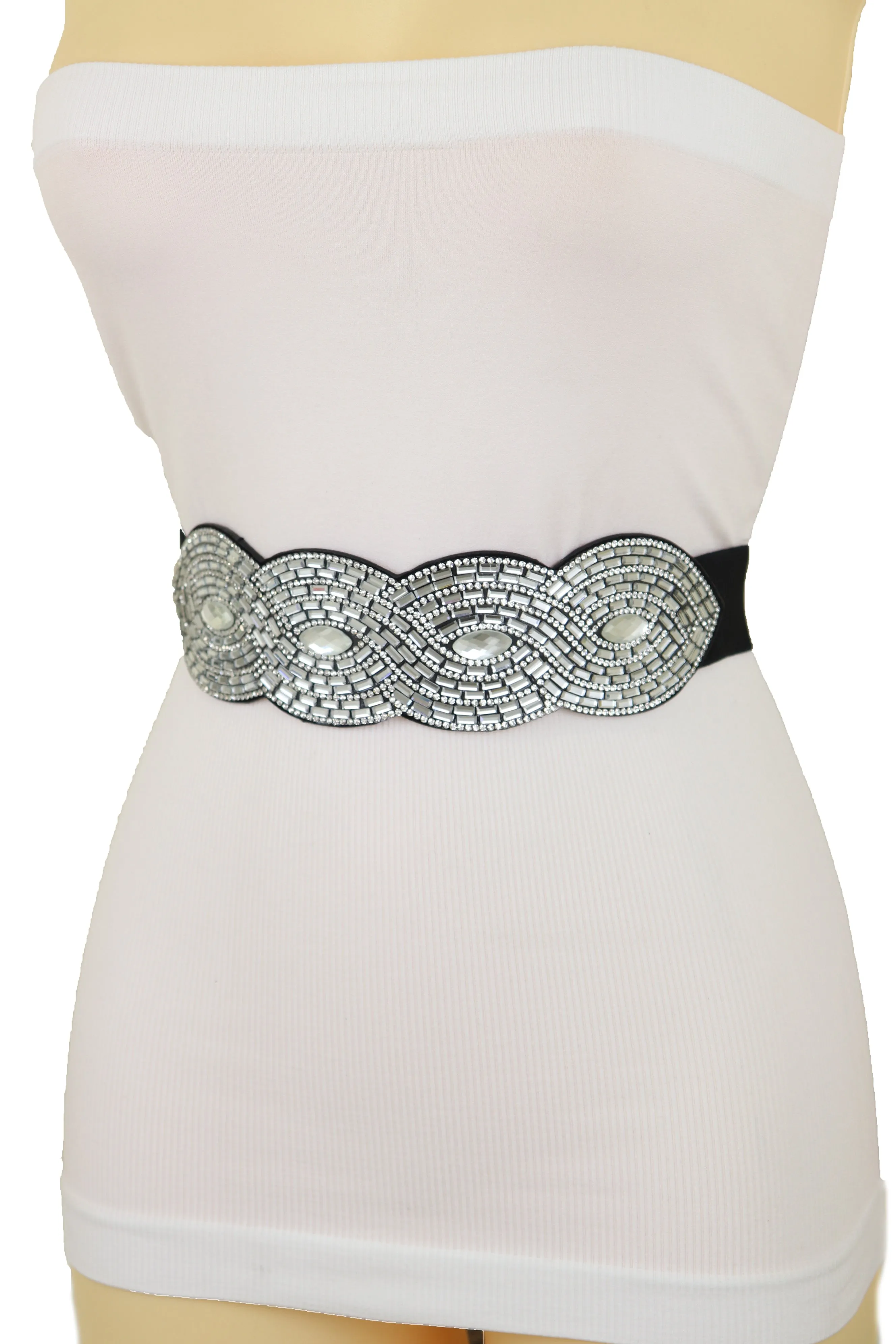 Trendy Black Elastic Belt High Waist Hip Bling Oval Waves Buckle Size S M