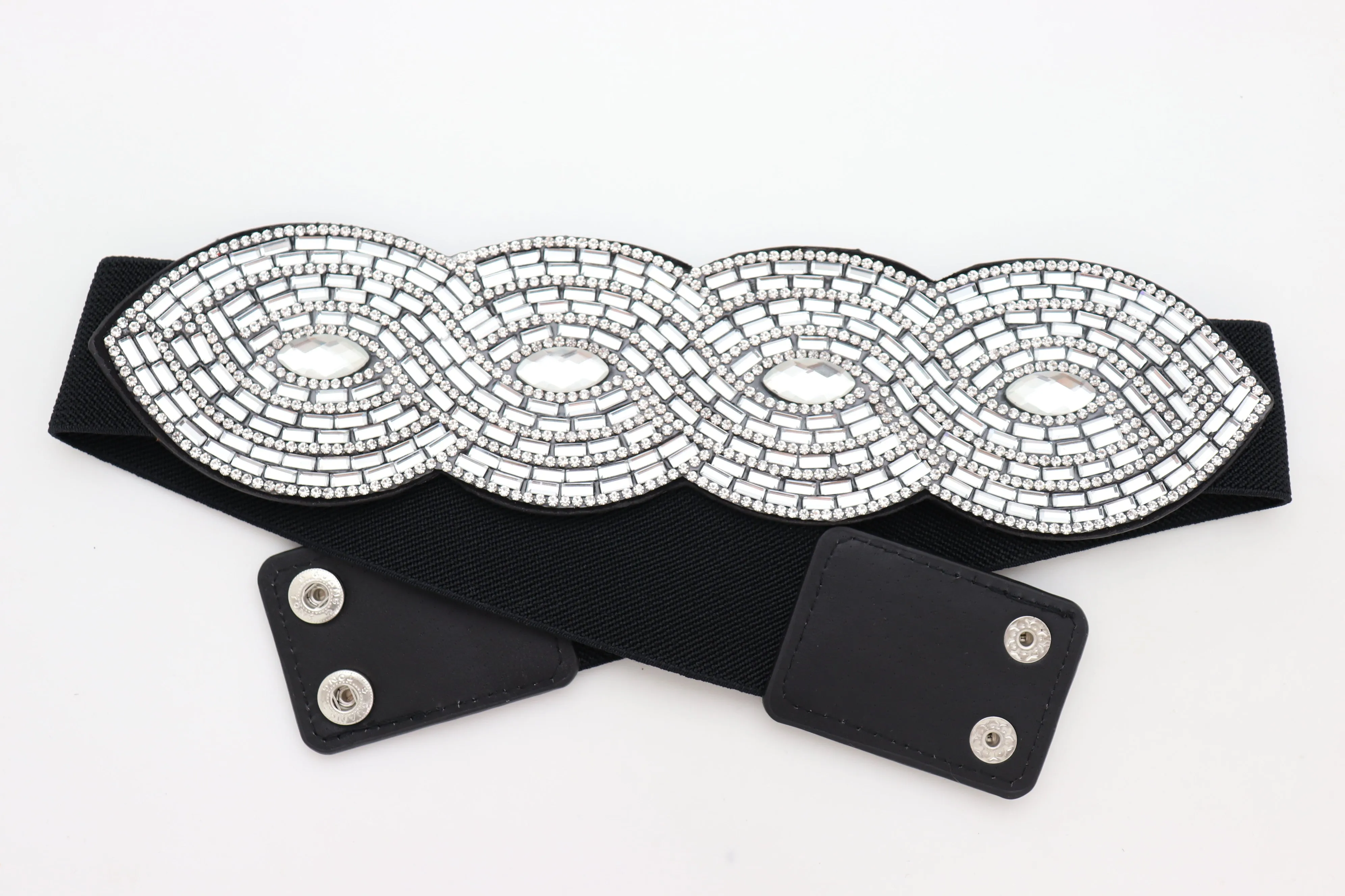 Trendy Black Elastic Belt High Waist Hip Bling Oval Waves Buckle Size S M