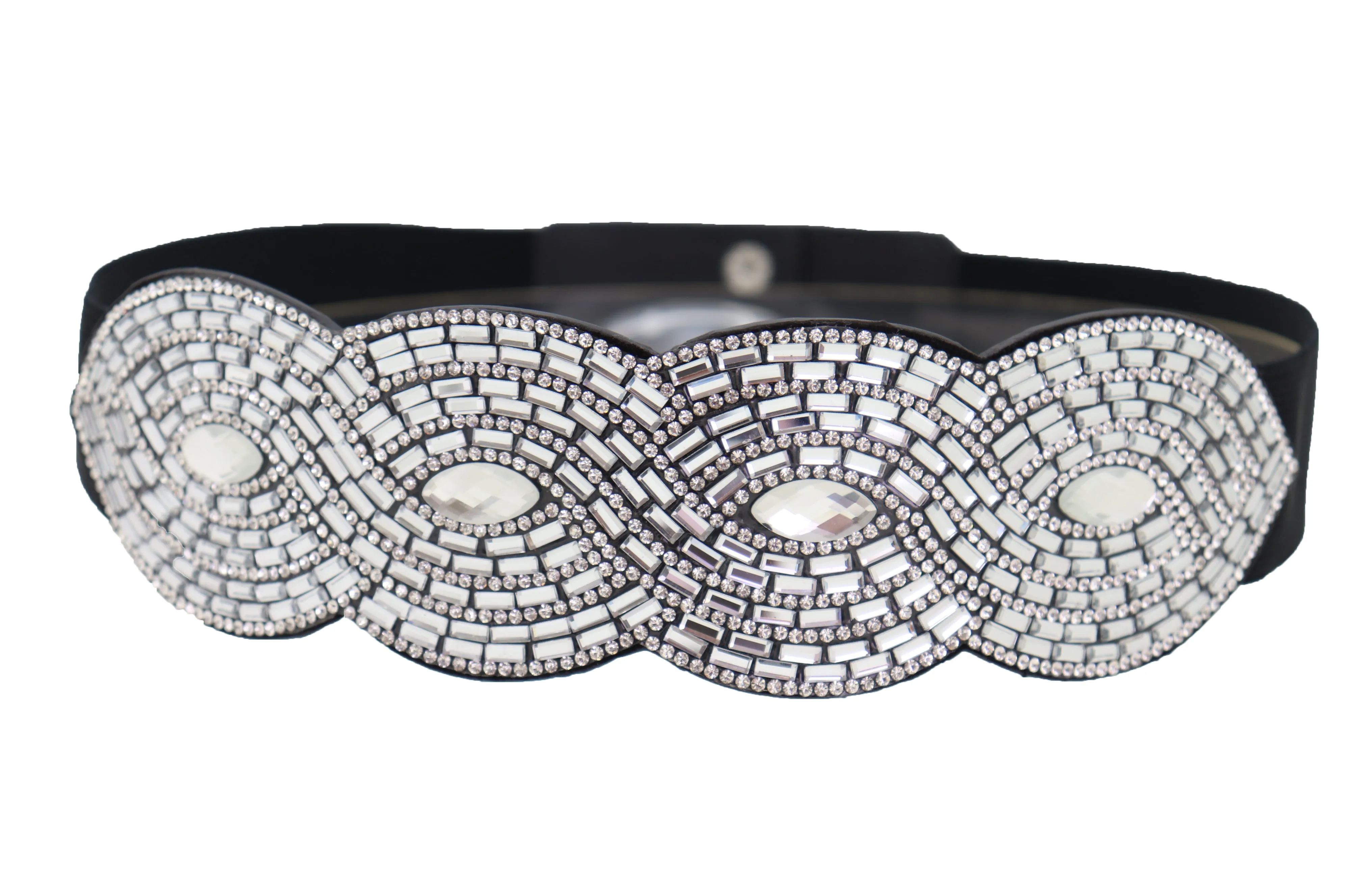 Trendy Black Elastic Belt High Waist Hip Bling Oval Waves Buckle Size S M