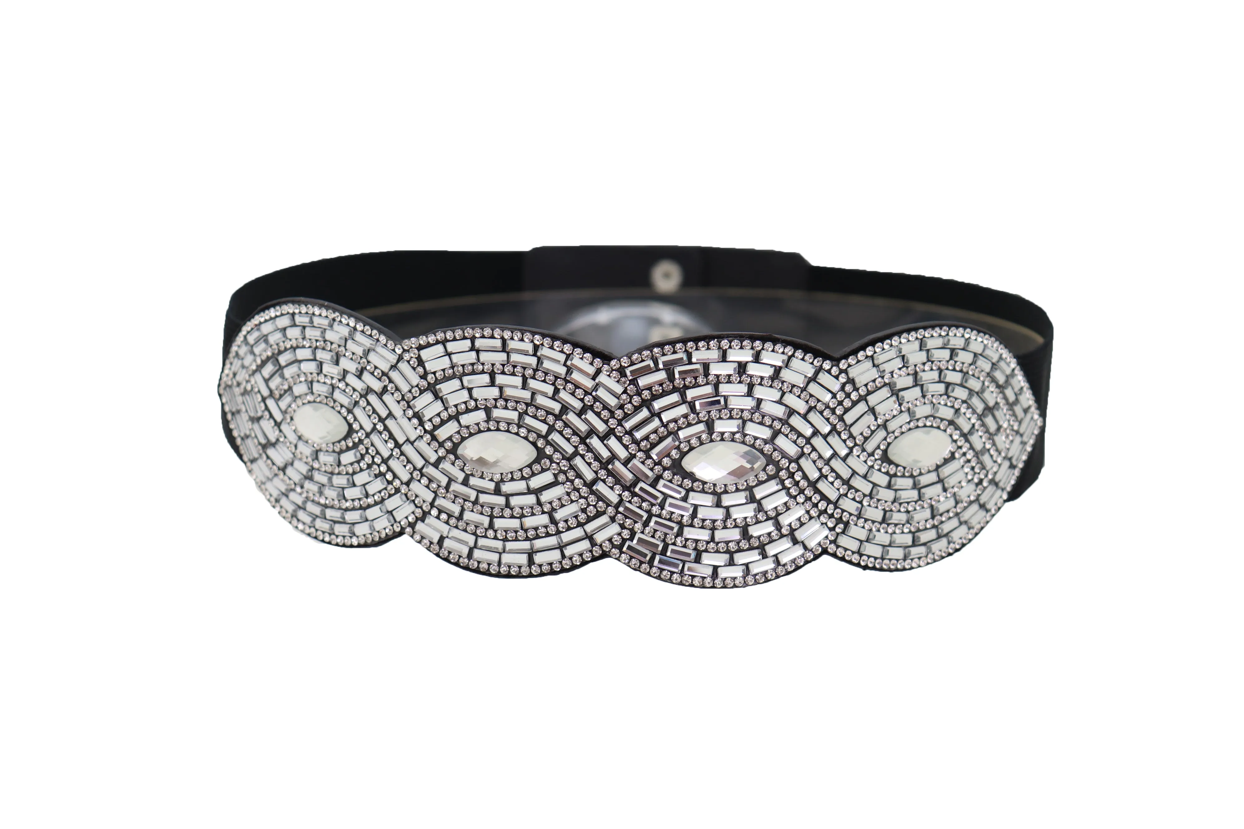 Trendy Black Elastic Belt High Waist Hip Bling Oval Waves Buckle Size S M