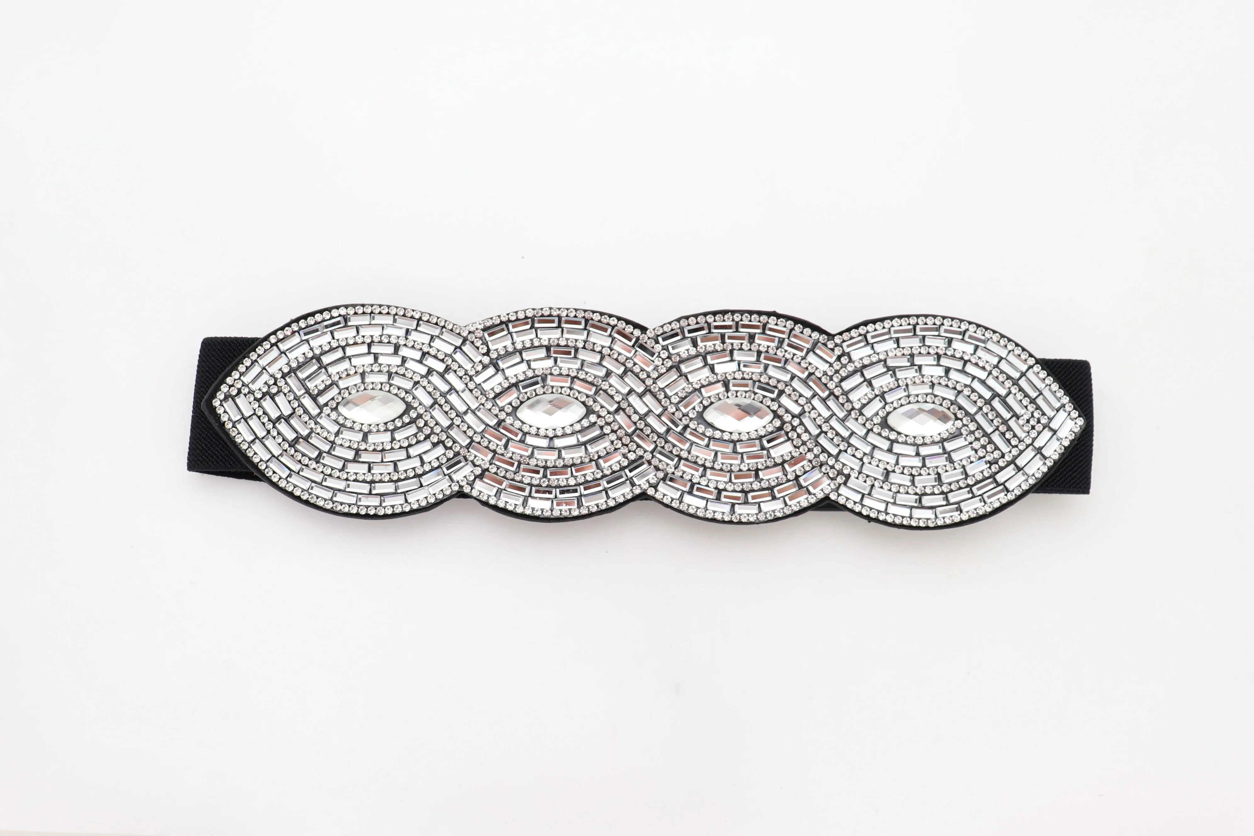 Trendy Black Elastic Belt High Waist Hip Bling Oval Waves Buckle Size S M