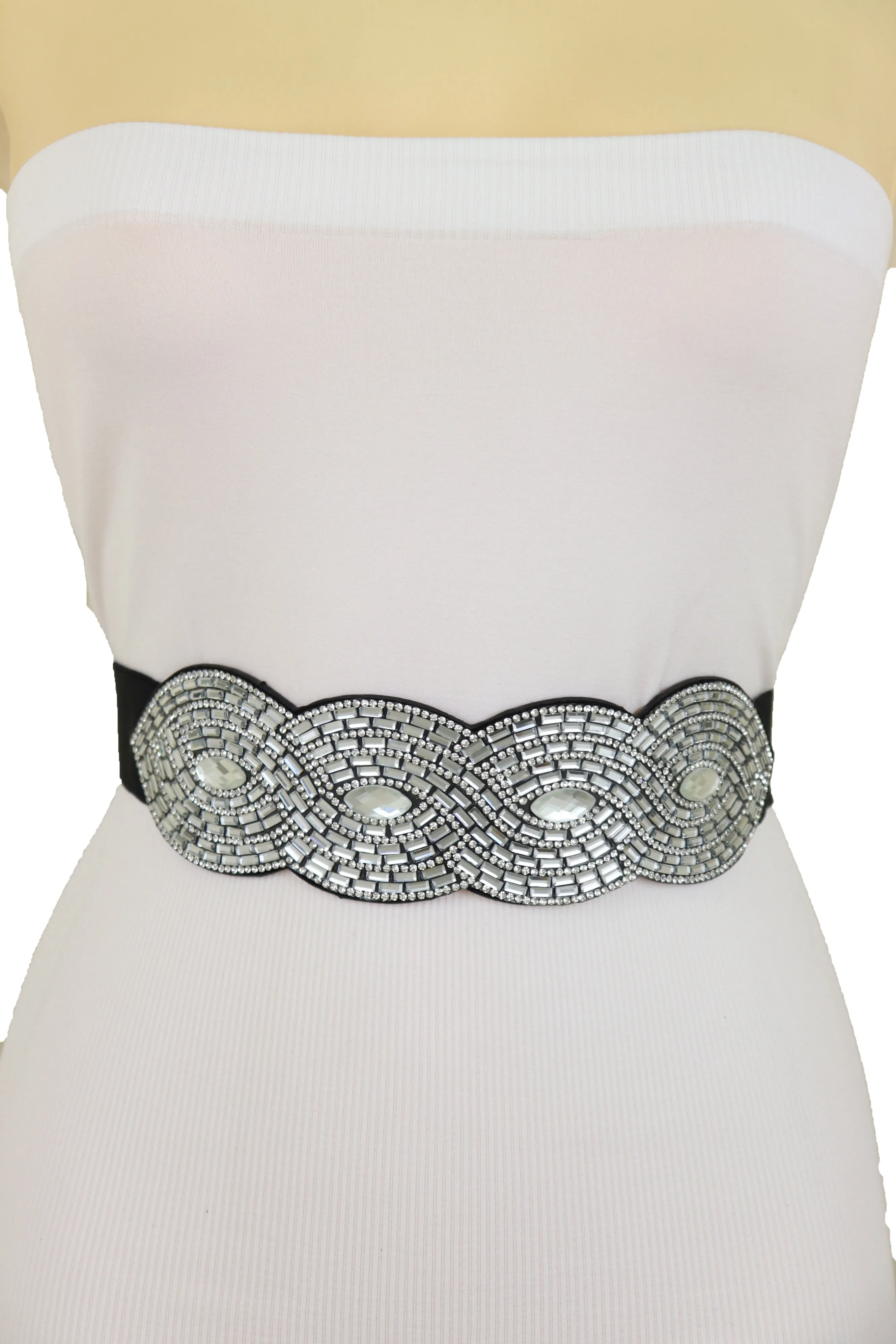 Trendy Black Elastic Belt High Waist Hip Bling Oval Waves Buckle Size S M