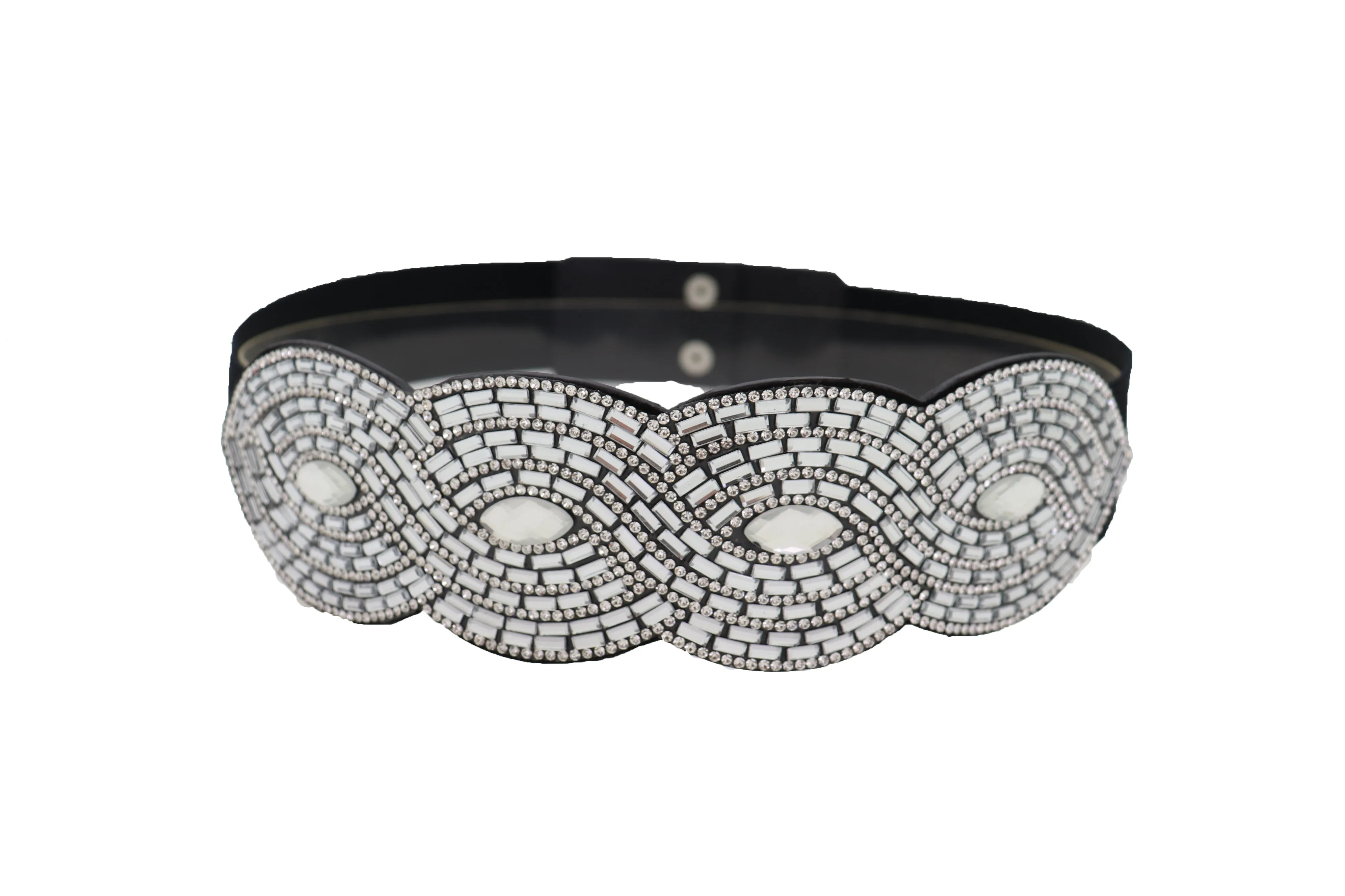 Trendy Black Elastic Belt High Waist Hip Bling Oval Waves Buckle Size S M