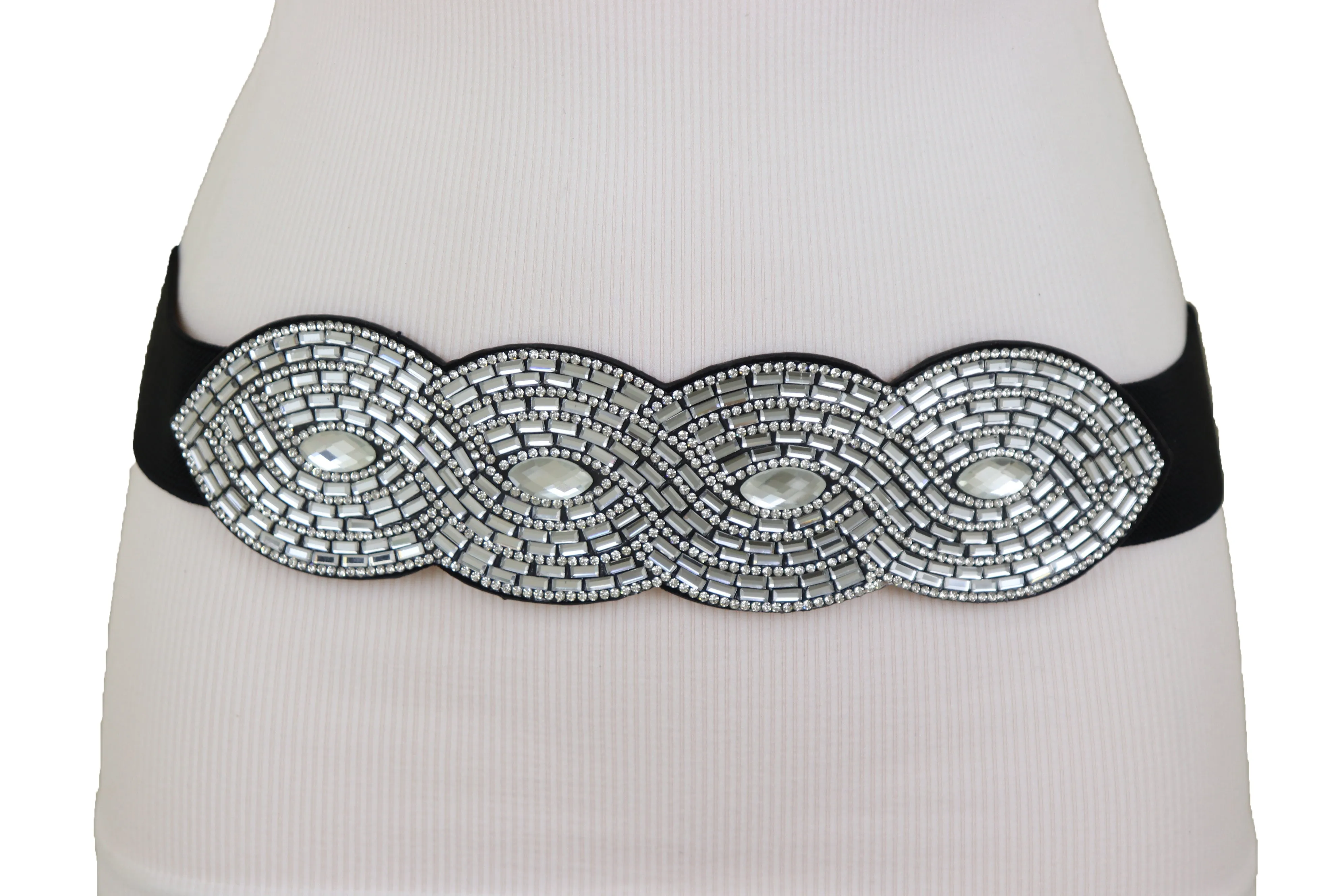 Trendy Black Elastic Belt High Waist Hip Bling Oval Waves Buckle Size S M