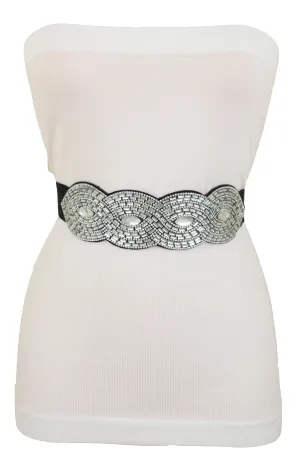 Trendy Black Elastic Belt High Waist Hip Bling Oval Waves Buckle Size S M
