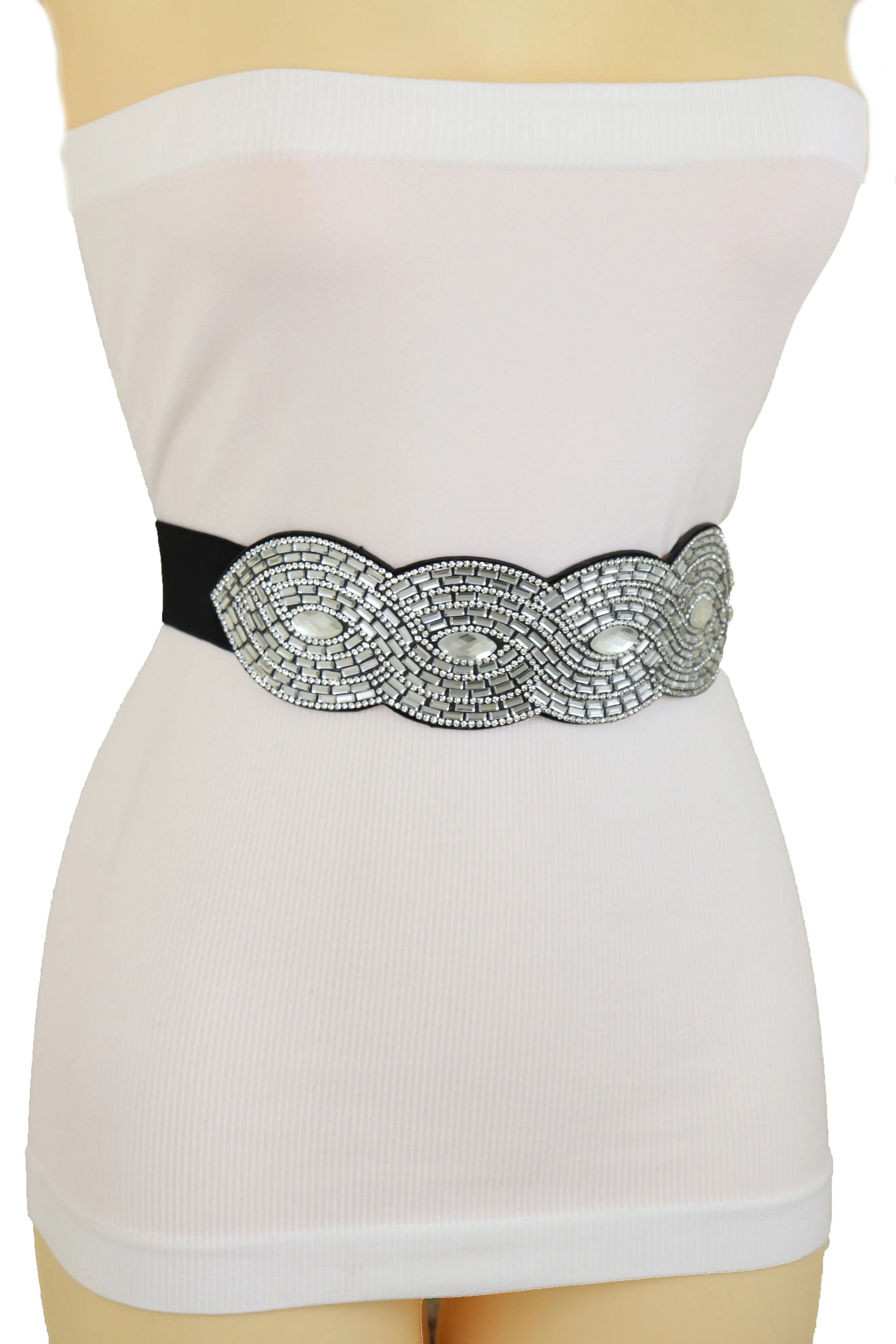 Trendy Black Elastic Belt High Waist Hip Bling Oval Waves Buckle Size S M