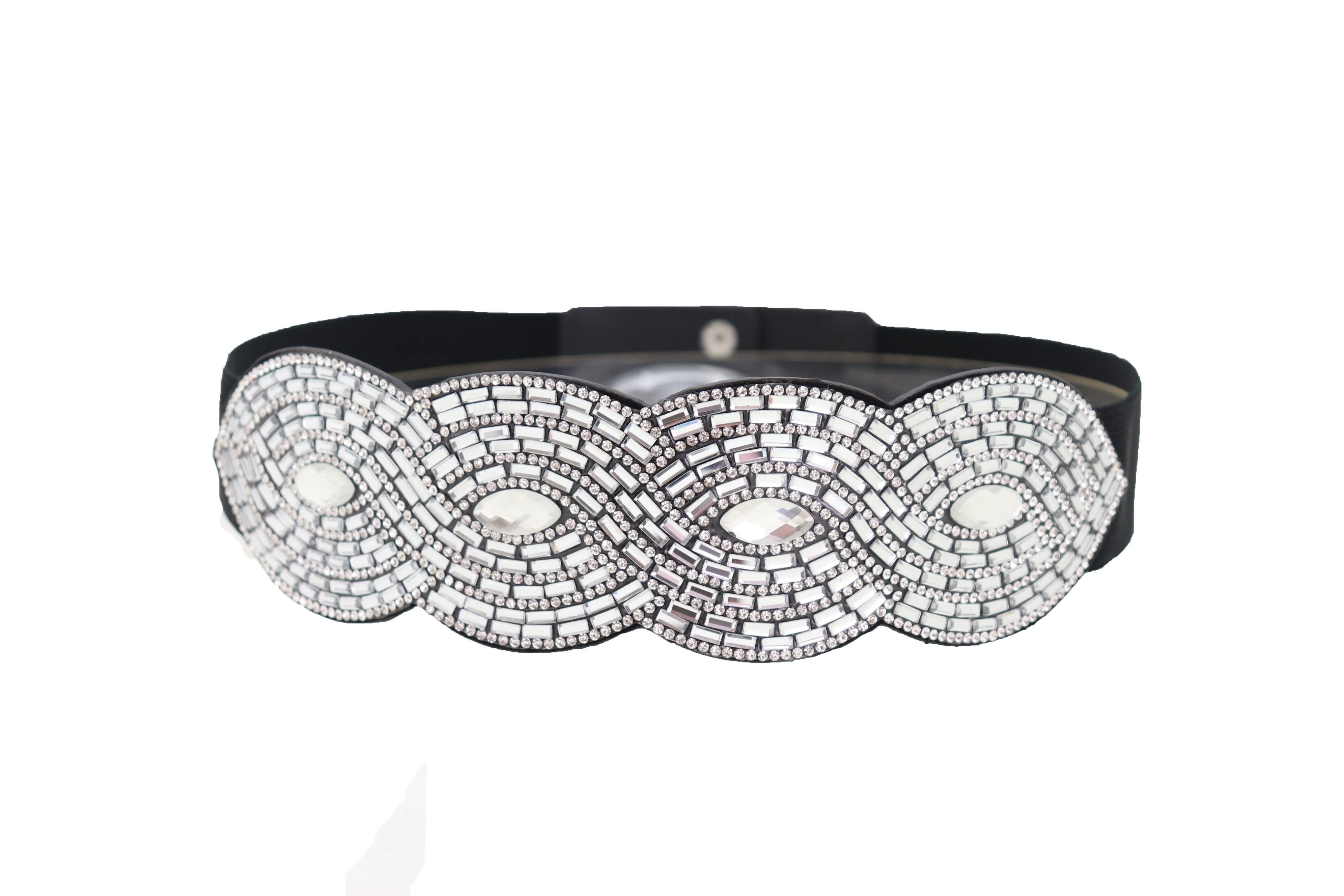 Trendy Black Elastic Belt High Waist Hip Bling Oval Waves Buckle Size S M