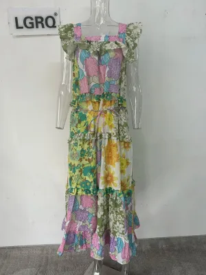Trendy Ruched Hemline Design Printed Long Dresses
