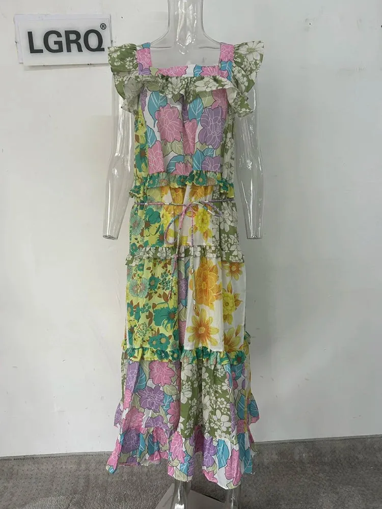 Trendy Ruched Hemline Design Printed Long Dresses