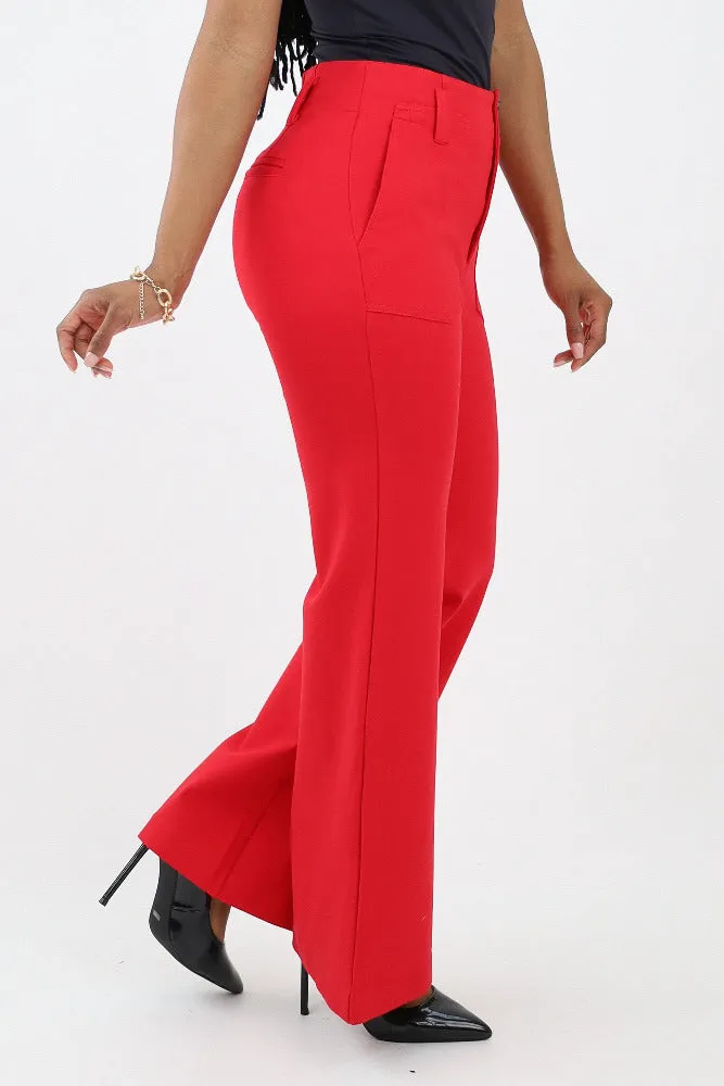 Two Front Pocket Ponte Di Roma Flare Pants -Red