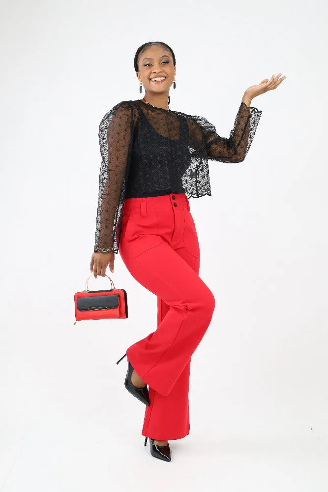 Two Front Pocket Ponte Di Roma Flare Pants -Red