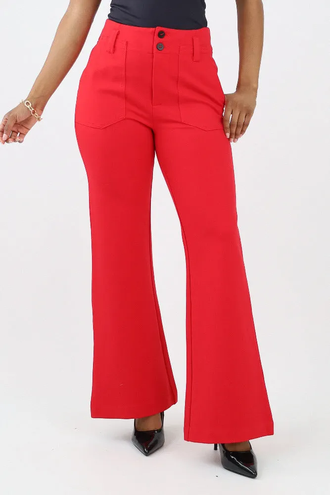 Two Front Pocket Ponte Di Roma Flare Pants -Red
