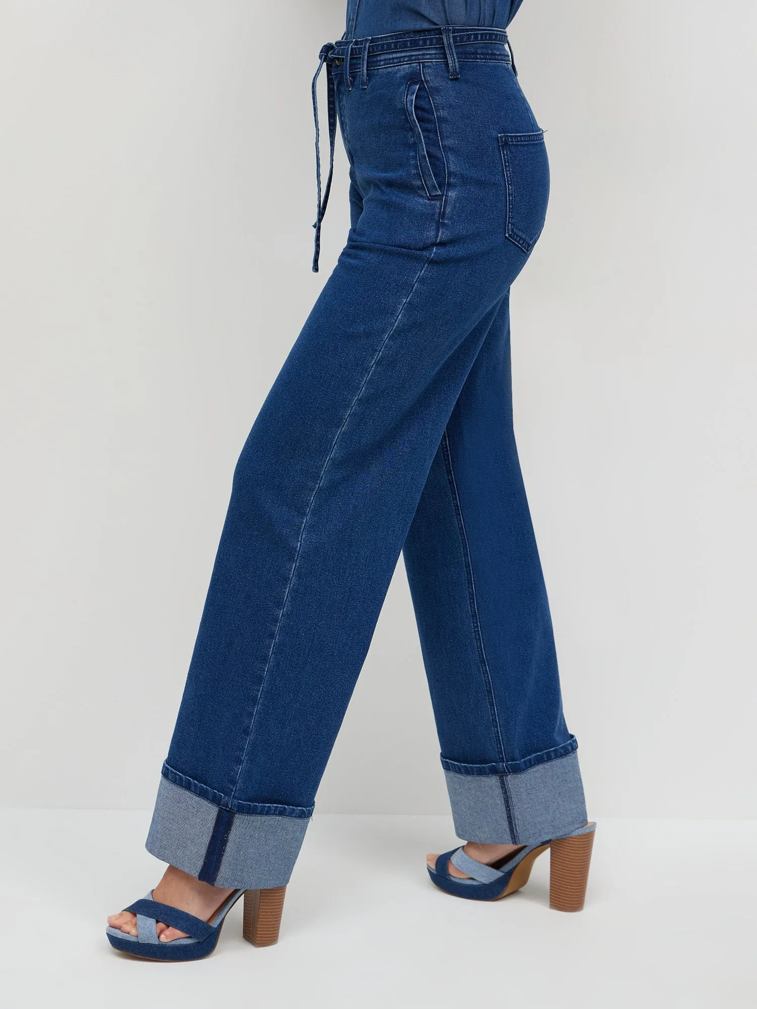 Ultra High-Waisted Tie-Belt Wide-Leg Jeans - Medium Wash