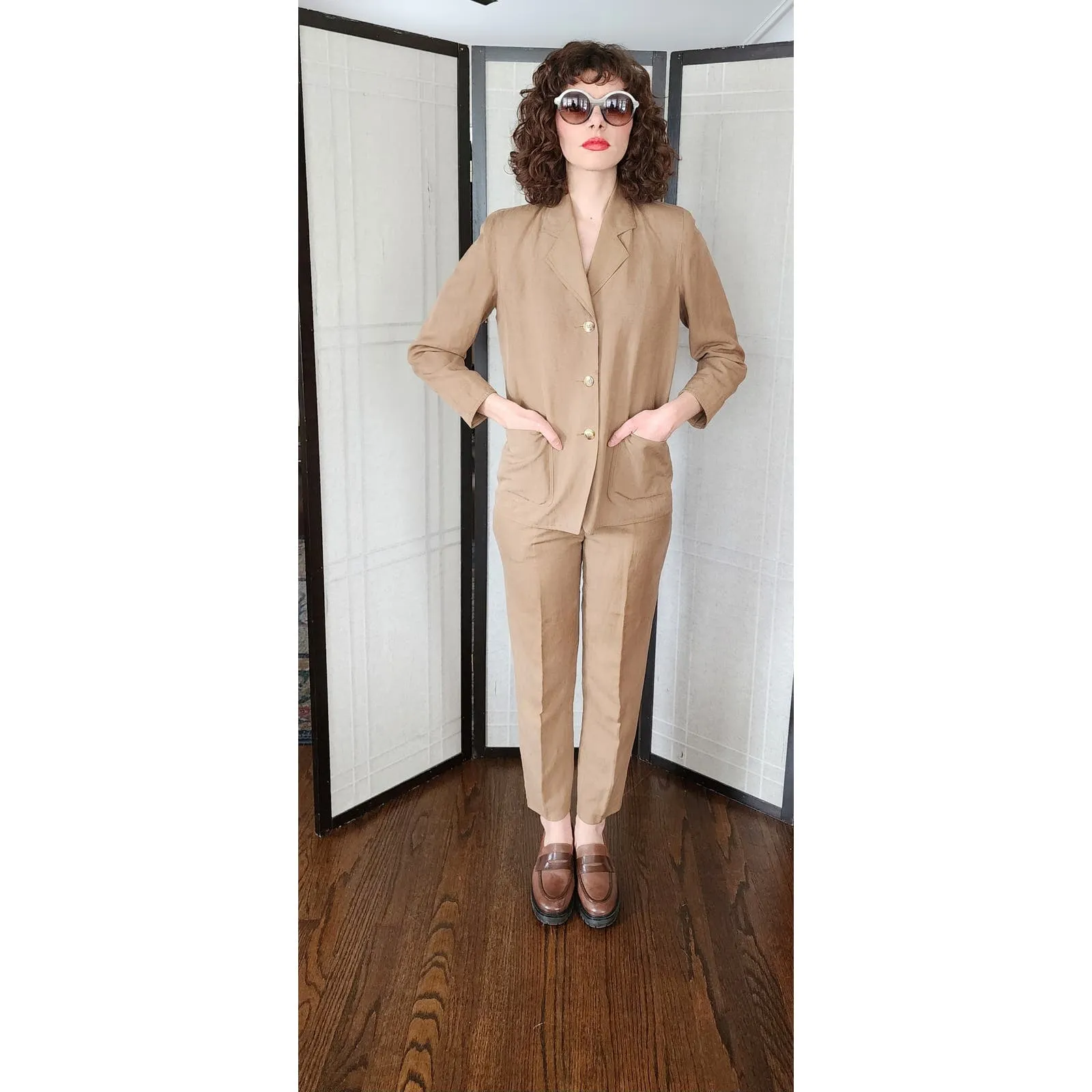 Vintage 80s Pants Suit Brown Cotton Summer Style