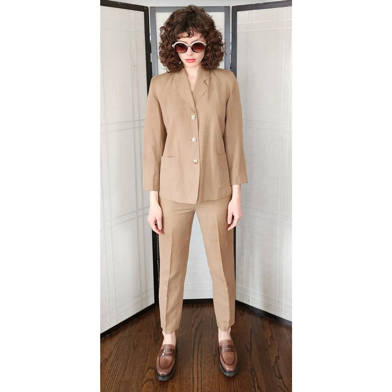 Vintage 80s Pants Suit Brown Cotton Summer Style