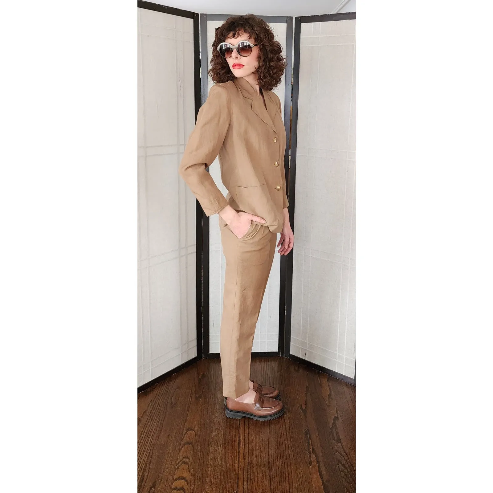 Vintage 80s Pants Suit Brown Cotton Summer Style