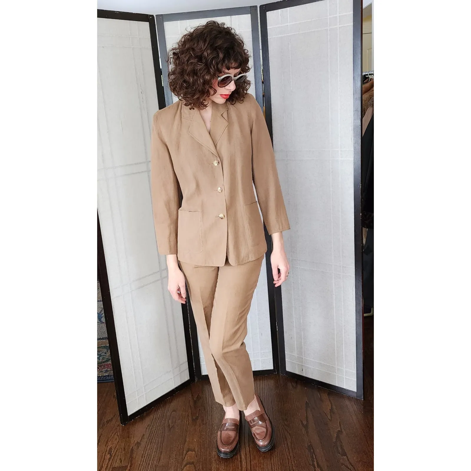 Vintage 80s Pants Suit Brown Cotton Summer Style