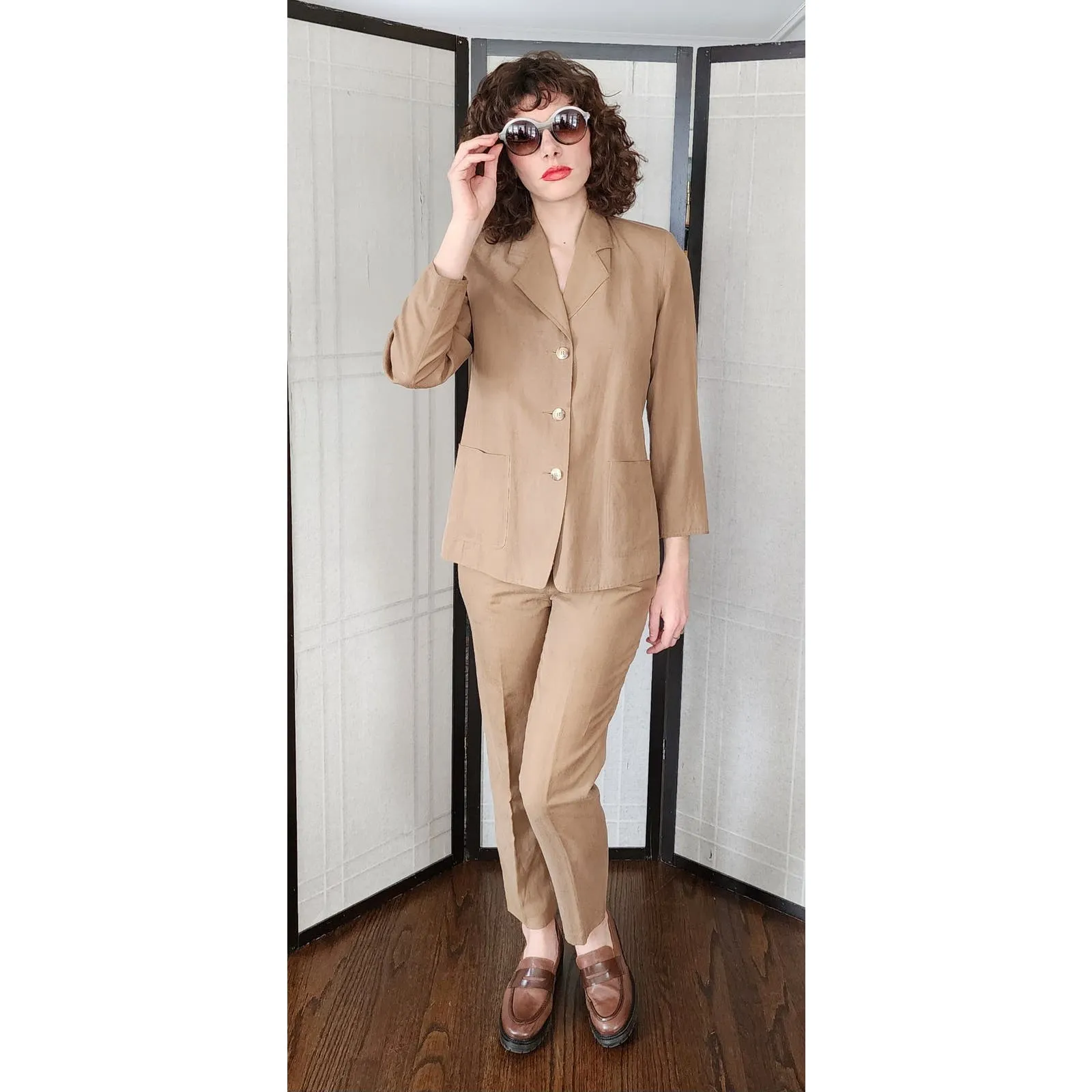 Vintage 80s Pants Suit Brown Cotton Summer Style