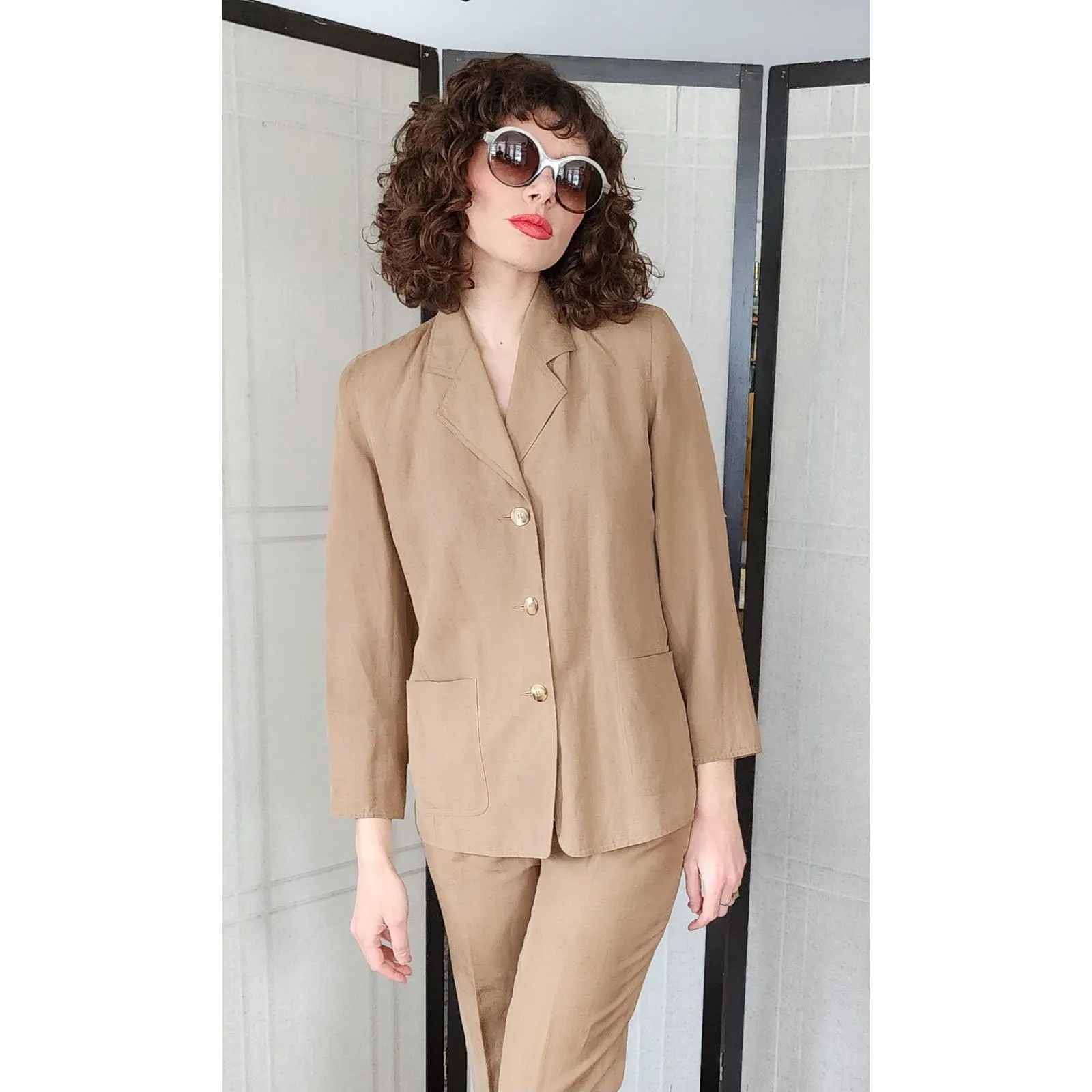 Vintage 80s Pants Suit Brown Cotton Summer Style