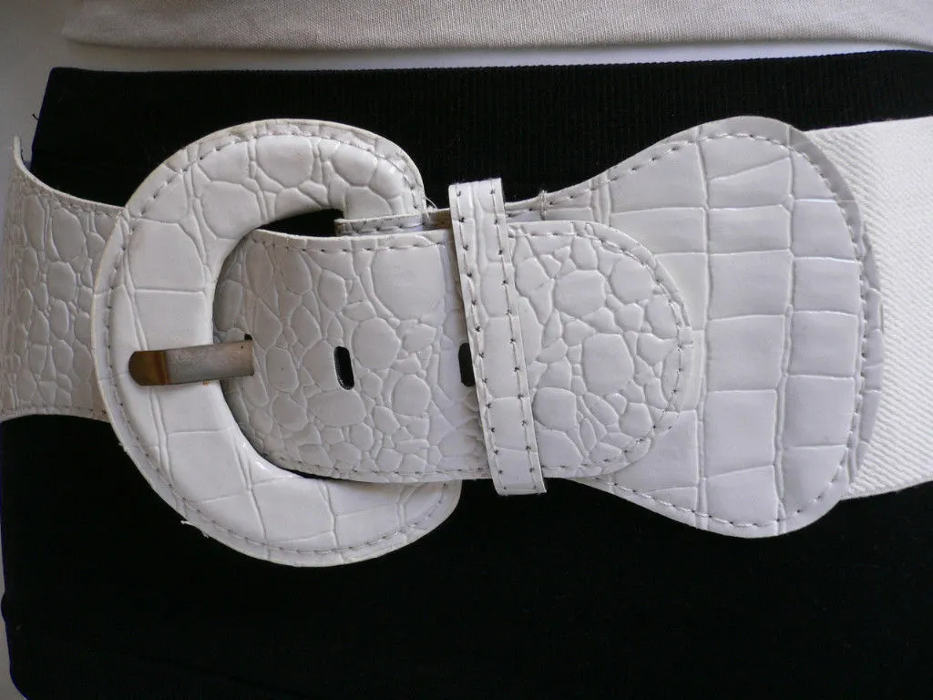 White Crocodile Stamp Hip High Waist Wide Elastic Belt Round Buckle M-XL