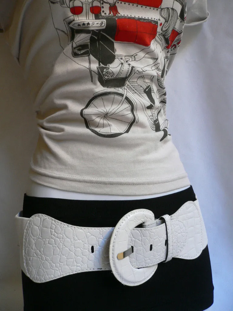 White Crocodile Stamp Hip High Waist Wide Elastic Belt Round Buckle M-XL