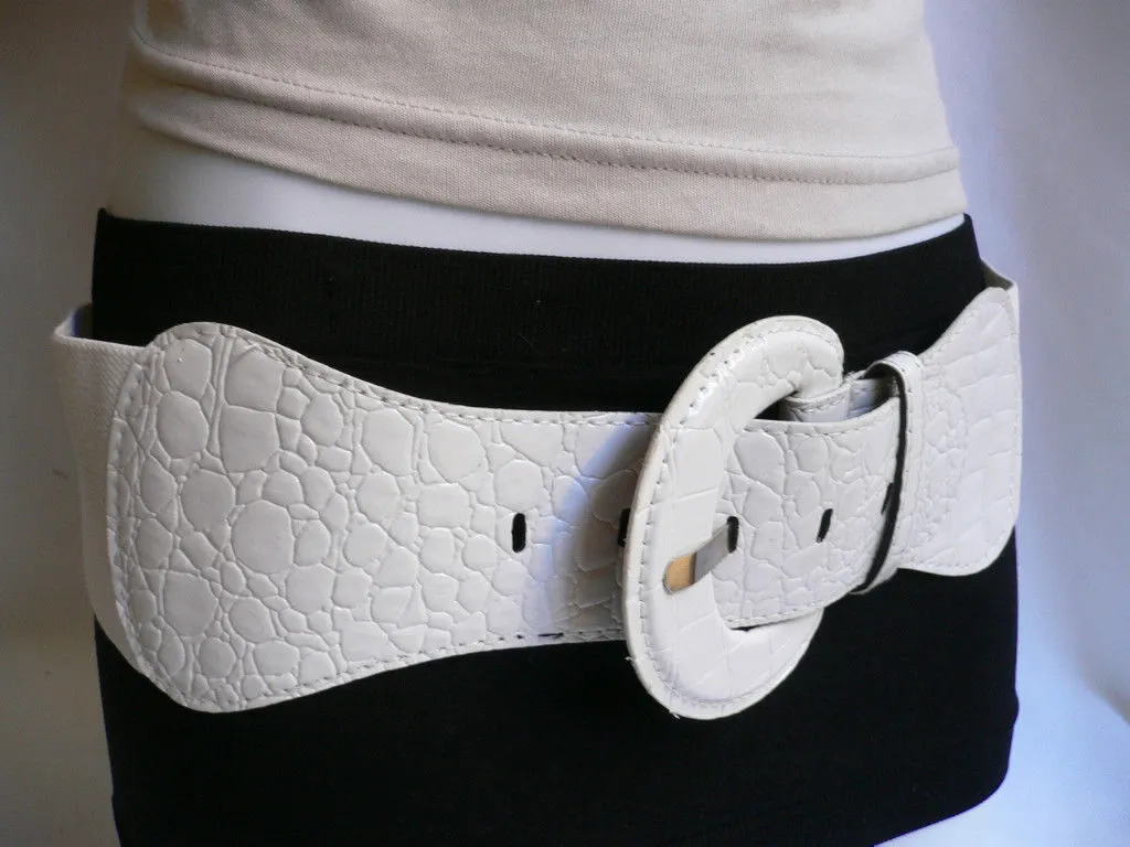 White Crocodile Stamp Hip High Waist Wide Elastic Belt Round Buckle M-XL