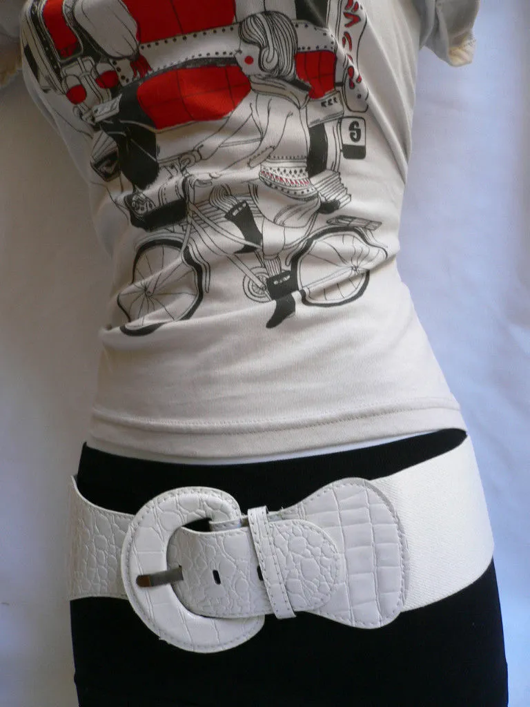 White Crocodile Stamp Hip High Waist Wide Elastic Belt Round Buckle M-XL