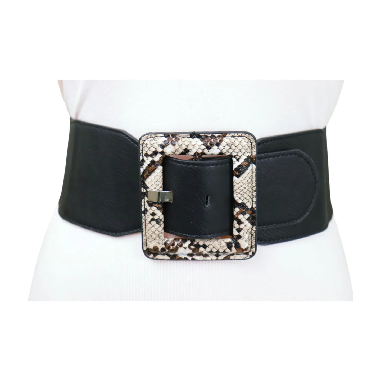 Women Black Elastic Belt Beige Square Buckle Faux Snake Print Size S M