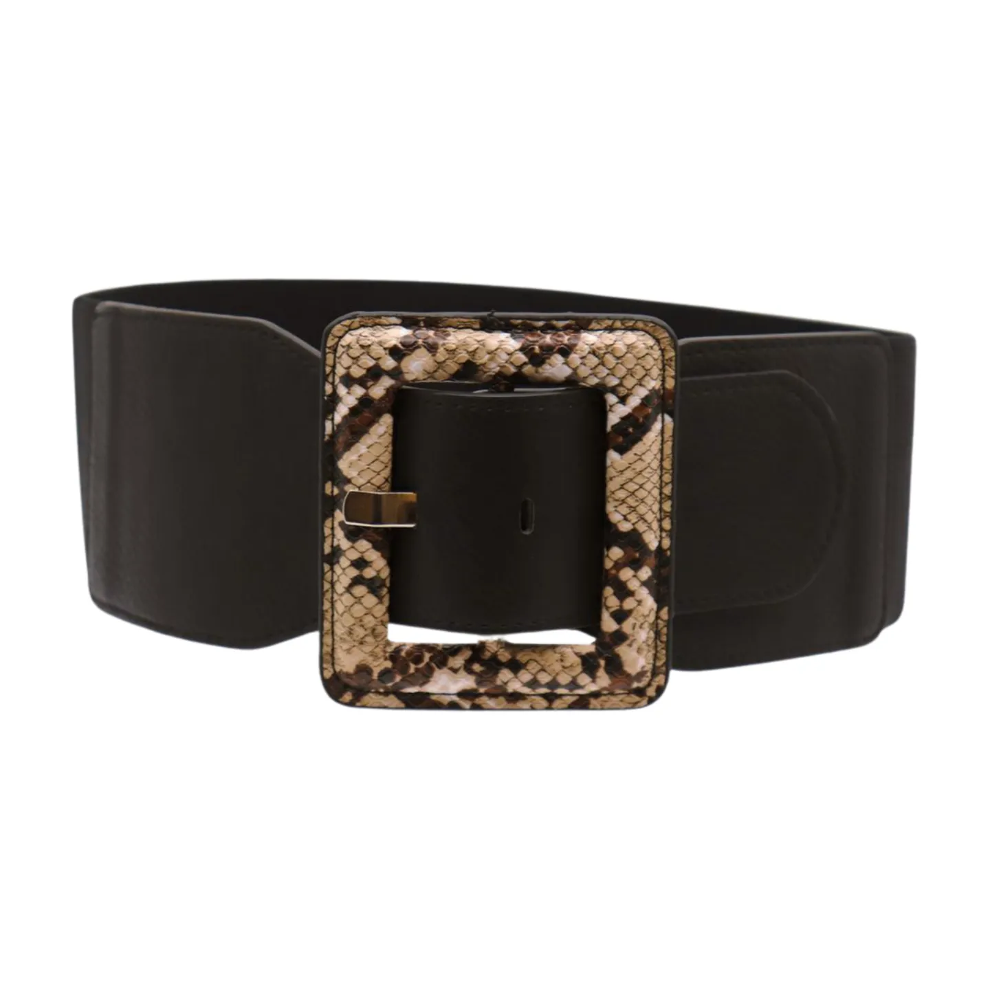 Women Black Elastic Belt Beige Square Buckle Faux Snake Print Size S M