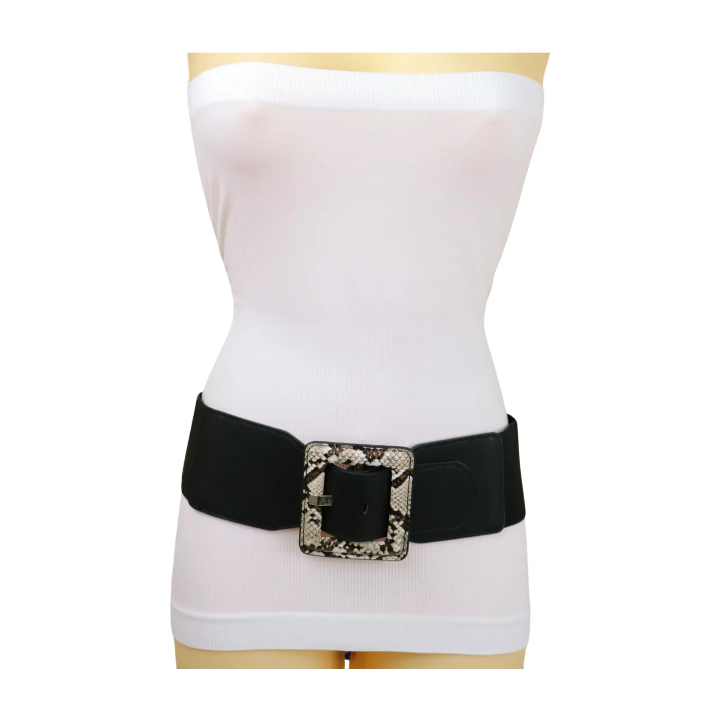 Women Black Elastic Belt Beige Square Buckle Faux Snake Print Size S M