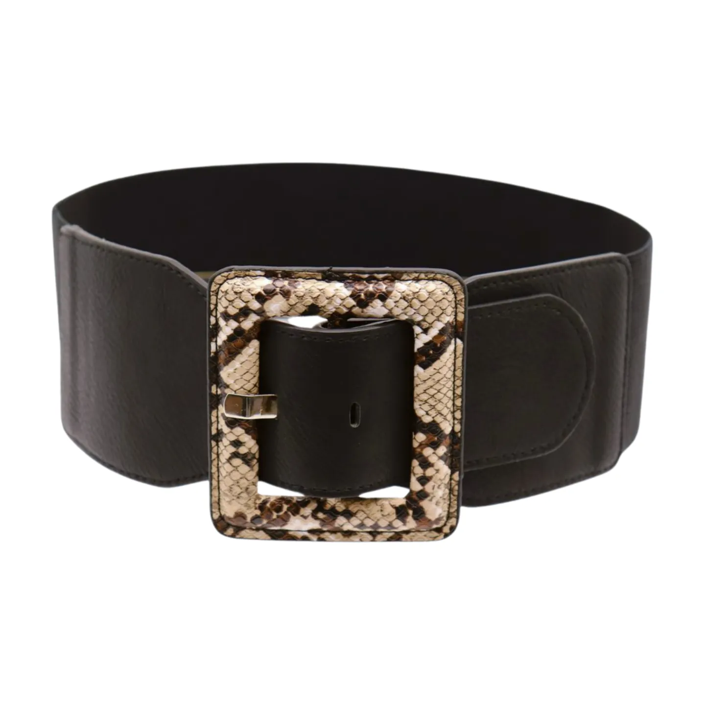 Women Black Elastic Belt Beige Square Buckle Faux Snake Print Size S M