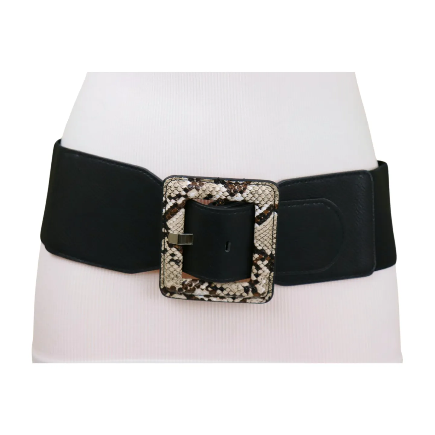 Women Black Elastic Belt Beige Square Buckle Faux Snake Print Size S M