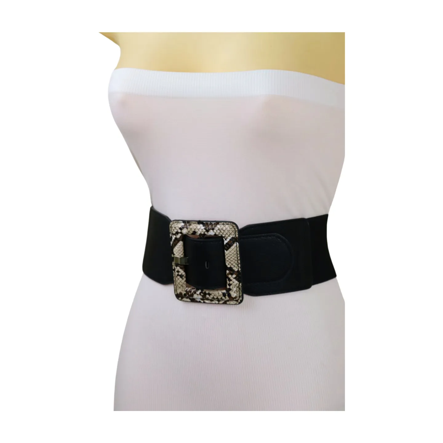 Women Black Elastic Belt Beige Square Buckle Faux Snake Print Size S M