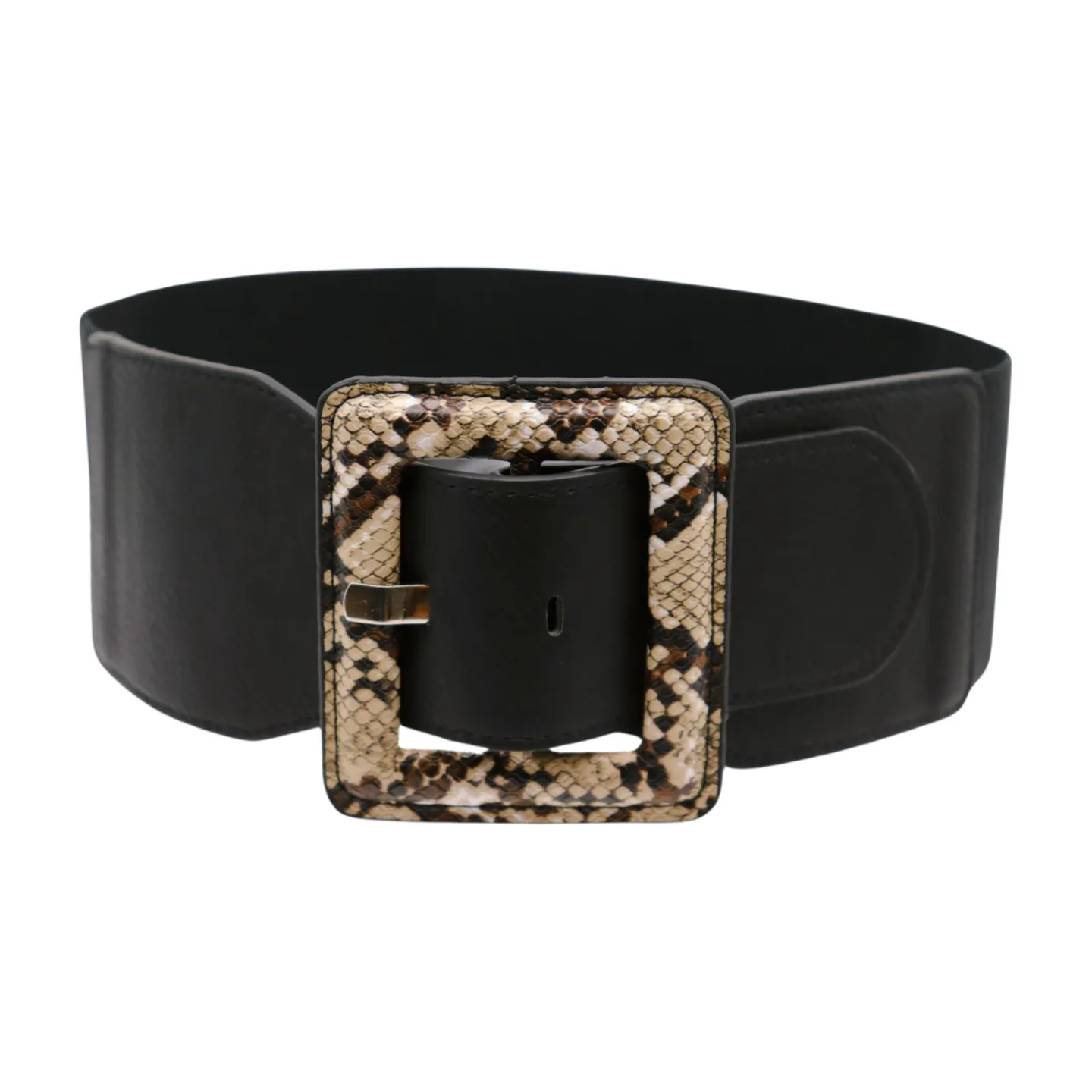 Women Black Elastic Belt Beige Square Buckle Faux Snake Print Size S M
