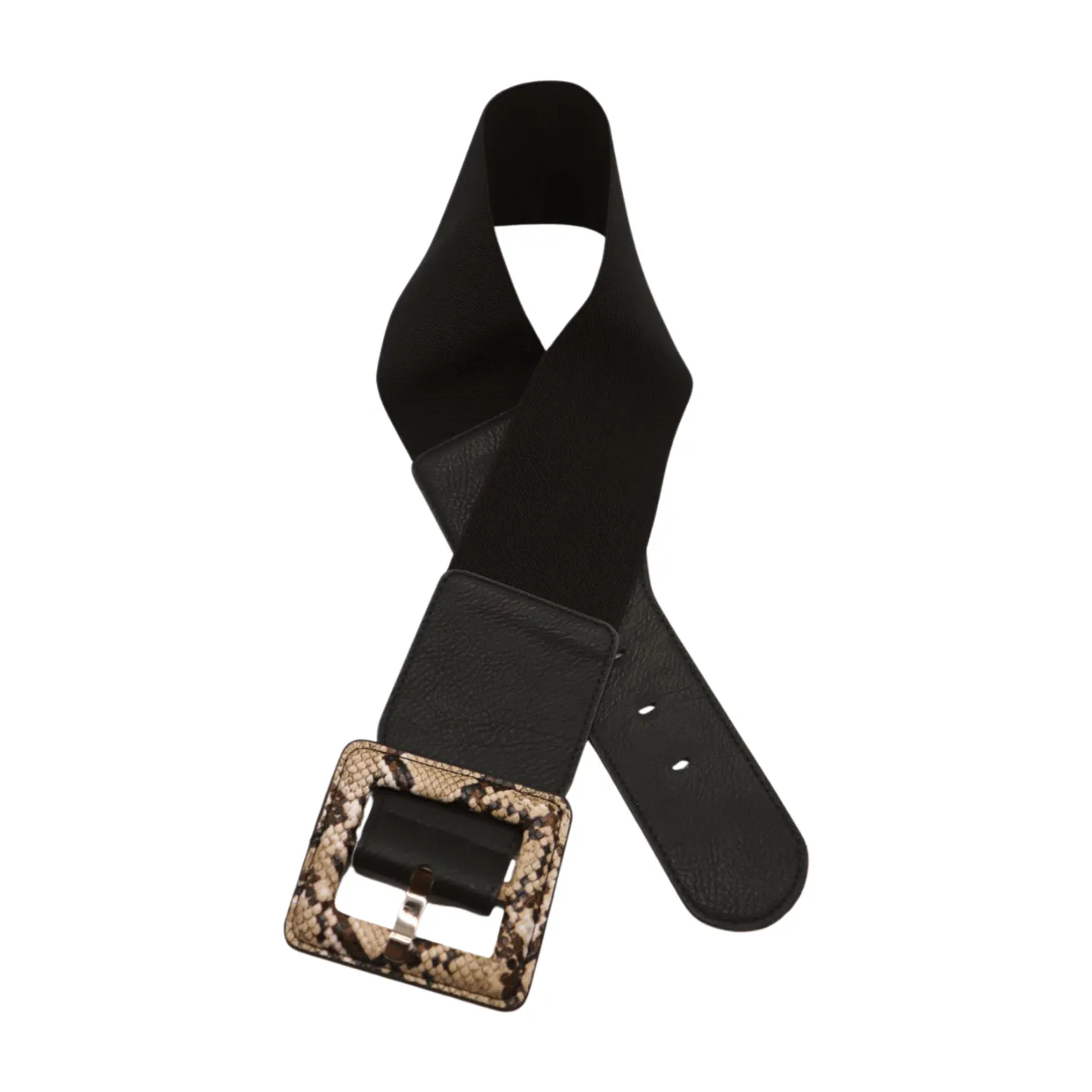 Women Black Elastic Belt Beige Square Buckle Faux Snake Print Size S M