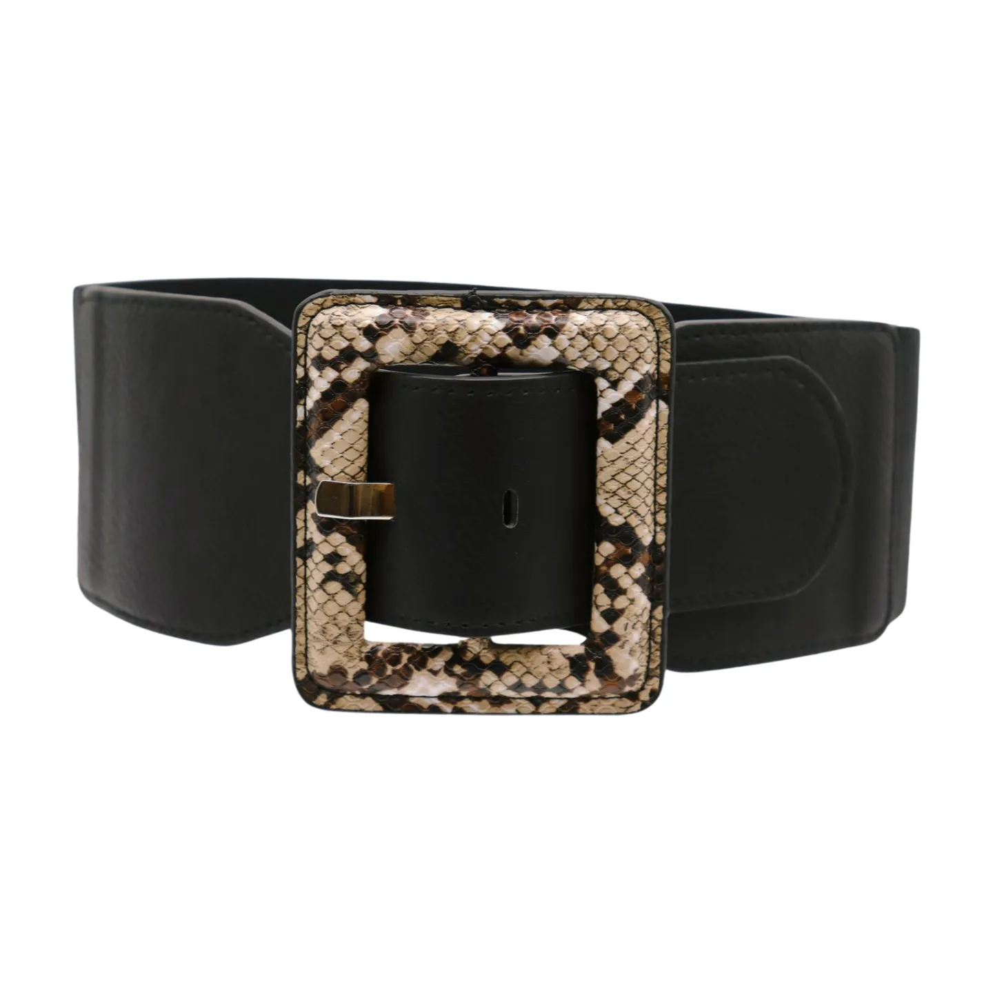 Women Black Elastic Belt Beige Square Buckle Faux Snake Print Size S M
