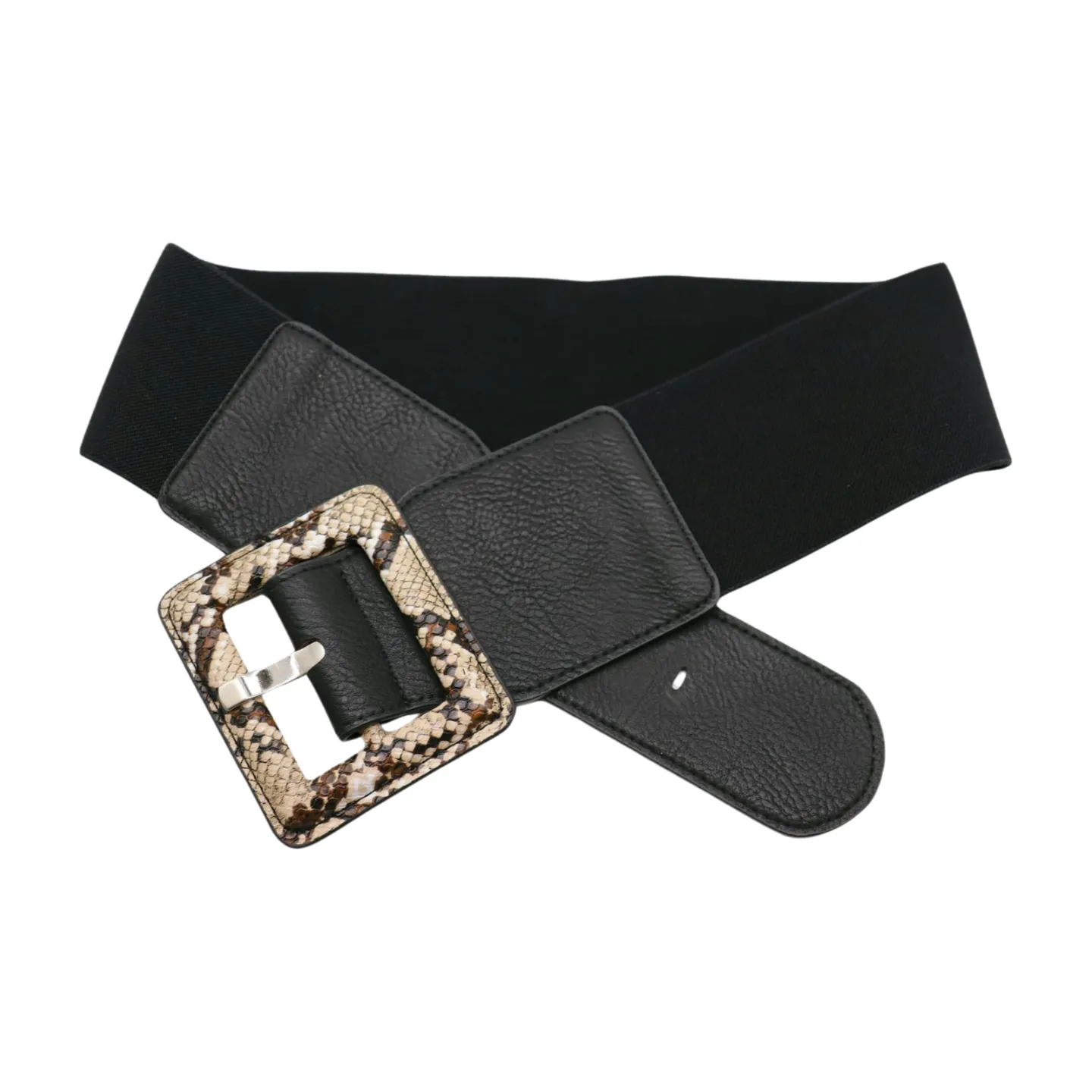 Women Black Elastic Belt Beige Square Buckle Faux Snake Print Size S M