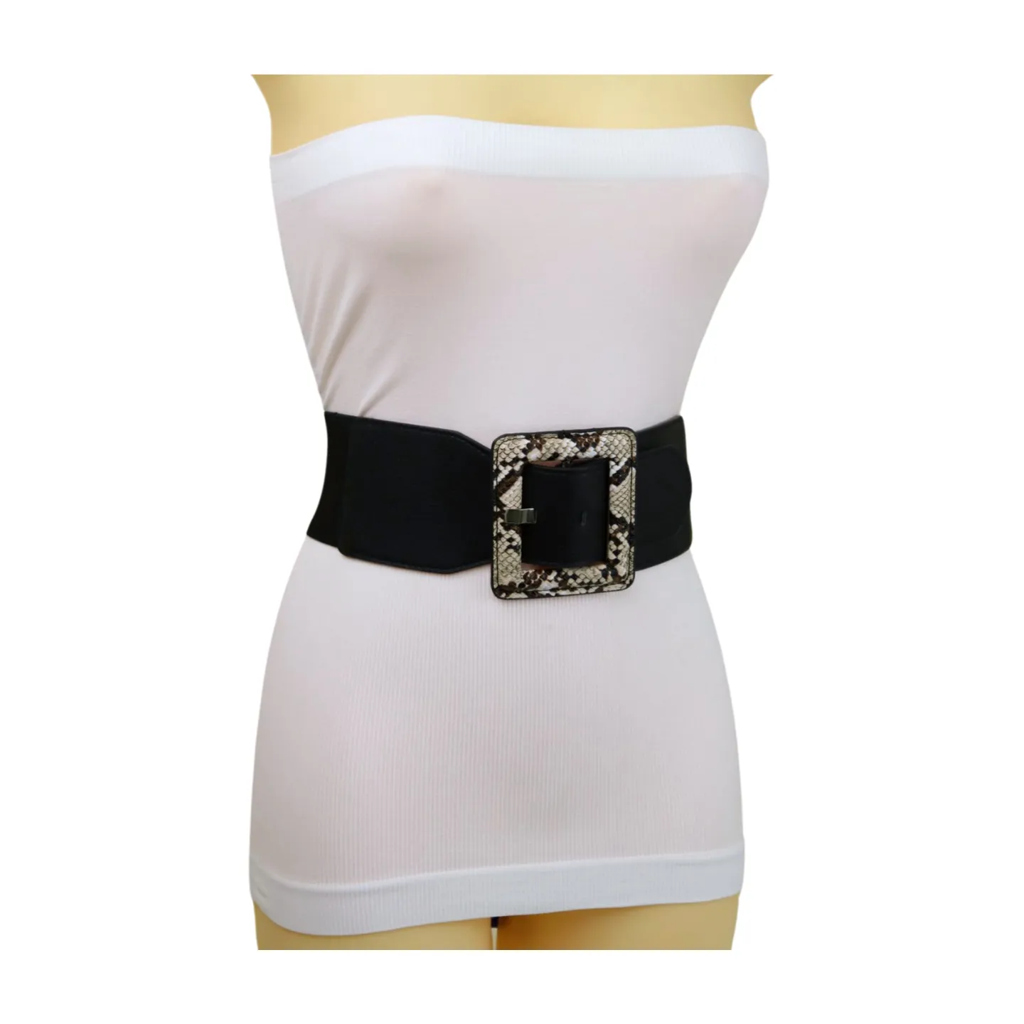 Women Black Elastic Belt Beige Square Buckle Faux Snake Print Size S M