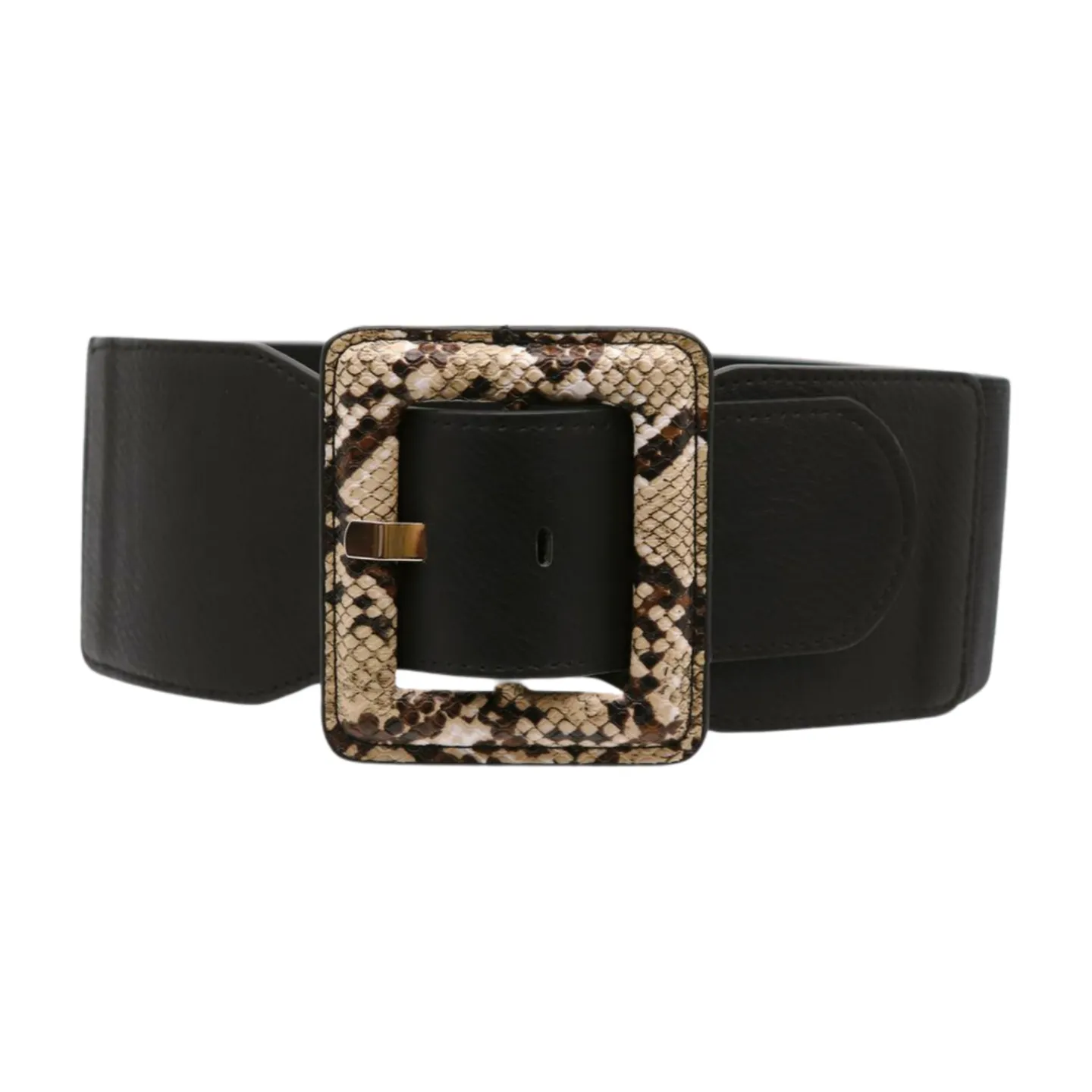 Women Black Elastic Belt Beige Square Buckle Faux Snake Print Size S M