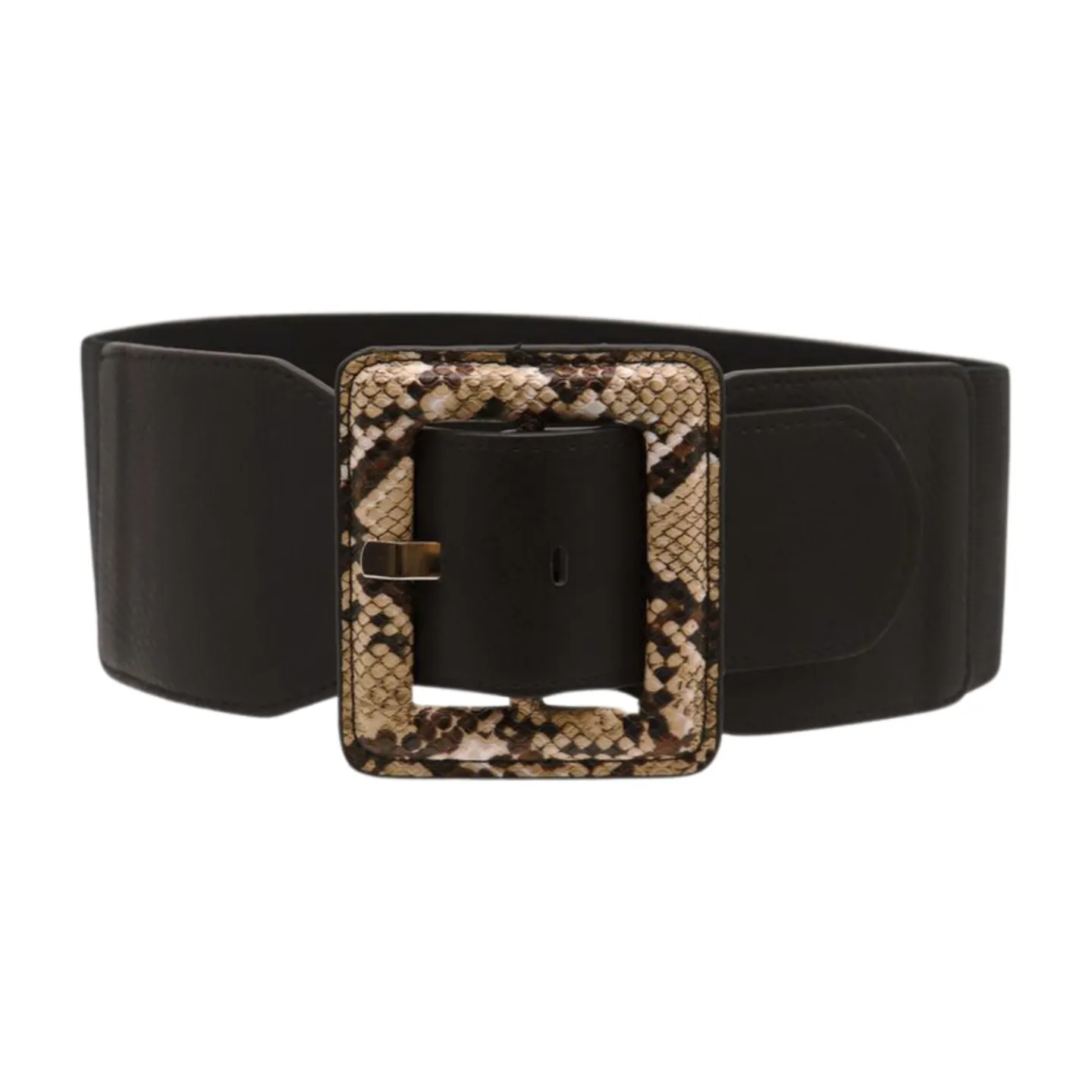 Women Black Elastic Belt Beige Square Buckle Faux Snake Print Size S M