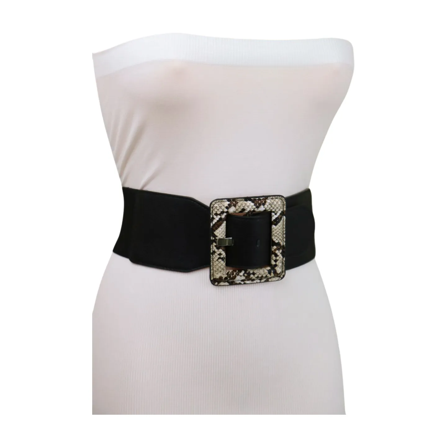 Women Black Elastic Belt Beige Square Buckle Faux Snake Print Size S M