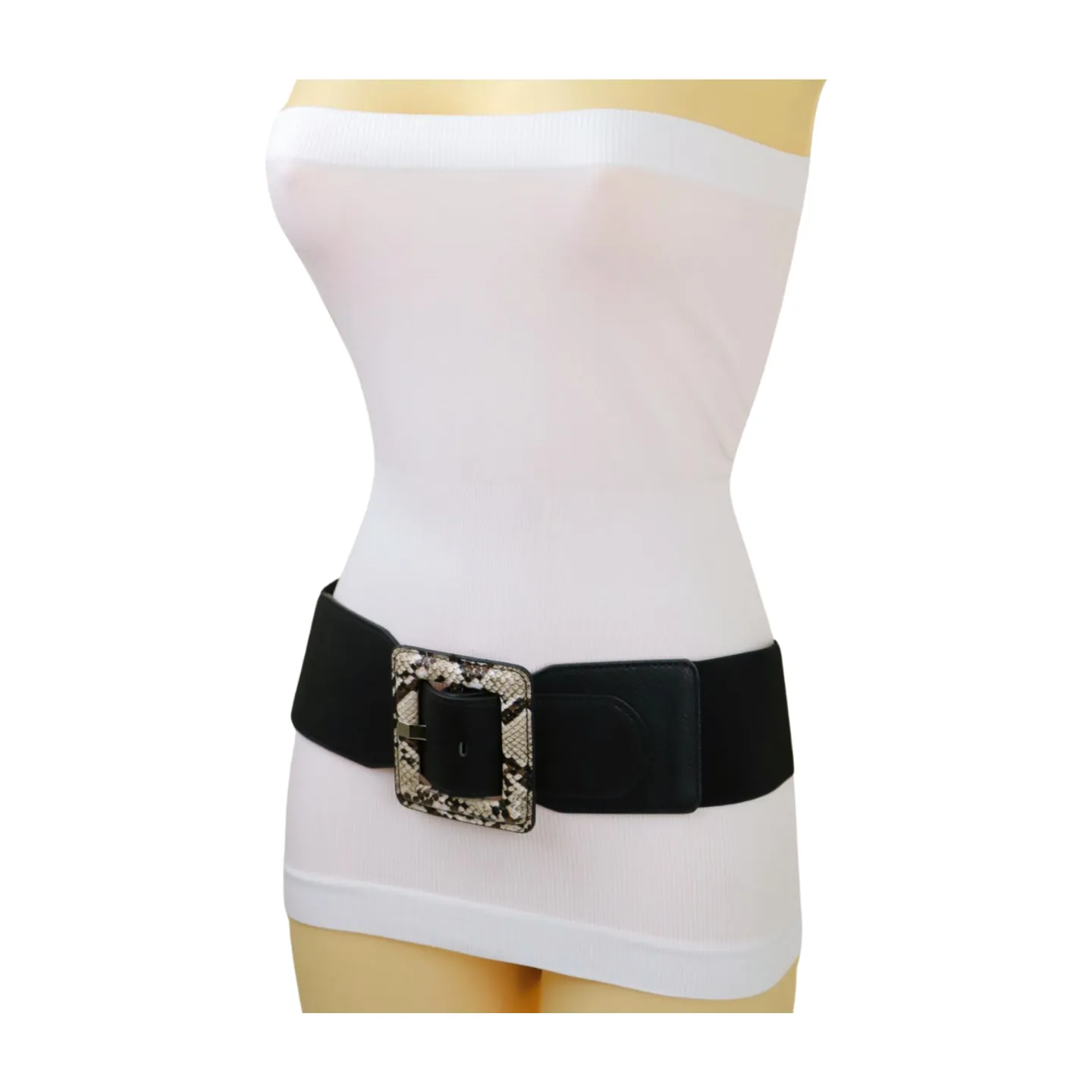 Women Black Elastic Belt Beige Square Buckle Faux Snake Print Size S M