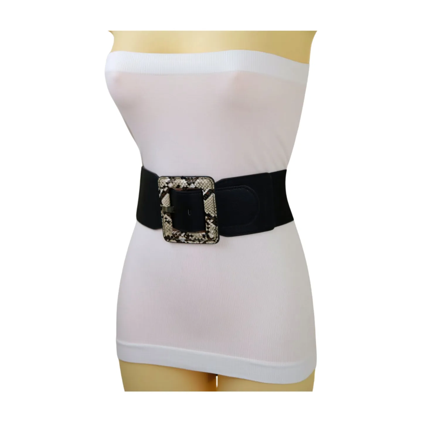 Women Black Elastic Belt Beige Square Buckle Faux Snake Print Size S M